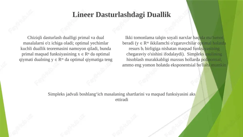 chim aniqlanadi simpleks usuli chiziqli dasturlash masalalarini yechadi; bo'sh o'zgaruvchilar (x₄, x₅ va hokazo) ≤ cheklashlarga qo'shilib, ularni tengliklarga aylantiradi va kengaytirilgan tizimni hosil qiladi simpleks jadvali matritsadan iborat; boshlangʻich jadval boshlangʻich mumkin boʻlgan yechimni (bmy) koʻrsatadi. har bir ustun oʻzgaruvchini (x₁, x₂, x₃...s₁,s₂...) ifodalaydi; har bir qator cheklov tenglamasini ifodalaydi e'tiboringiz uchun rahmat @taqdimot_robot