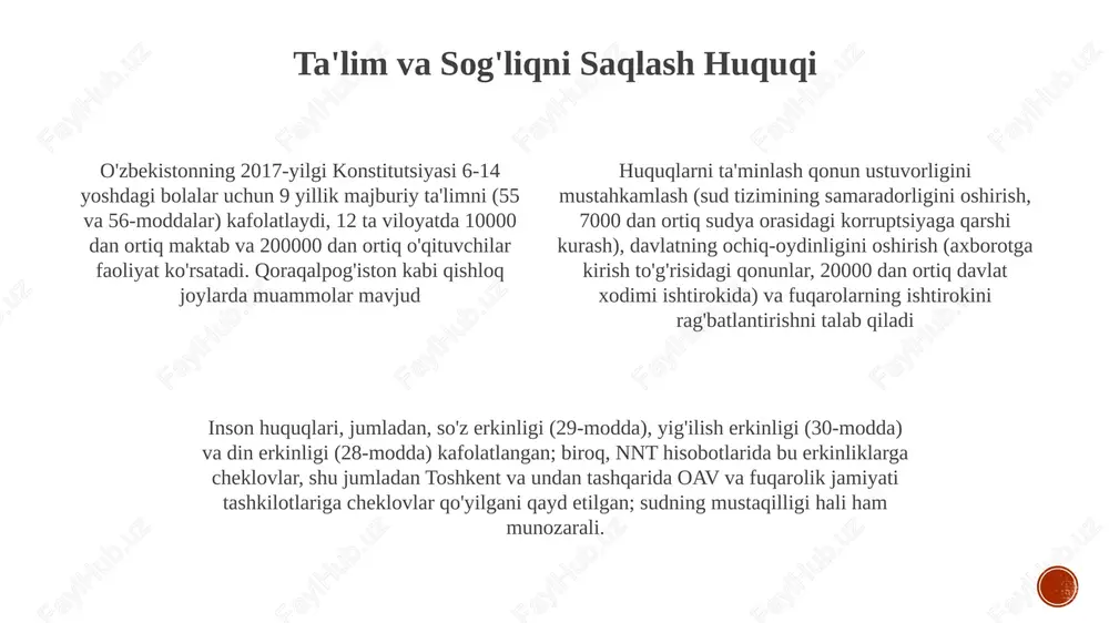 aydi, biroq zo'ravonlikka da'vat qilish yoki millatlarga (masalan, o'zbeklar, ruslar, qozoqlar) nisbatan kamsitish kabi qonunda belgilangan cheklashlar mavjud. ochiq hukumat hamkorligi kabi tashabbuslar axborotga kirishni yaxshilashga qaratilgan 29-moddadan to'liq foydalanishda qiyinchiliklar davom etmoqda 2016 yildan beri qabul qilingan yangi qonunlar va siyosat islohotlari, jumladan, 2018 yildagi oav to'g'risidagi qonun, fikr bildirish erkinligi uchun sharoitni yaxshilashga qaratilgan. biroq, ijro etish va amalga oshirish o'zbekistonning turli xil aholisi va geografik hududlarida nomutanosibdir qiynoq va yomon muomaladan himoya oʻzbekistonning 2023 yilgi milliy inson huquqlari strategiyasi konstitutsiyaning 23 va 24-moddalari asosida qiynoqqa qarshi kurashni ustuvor vazifa qilib qo'ydi hukumatning majburiyatiga sud-huquq islohotlari (qiynoqlar uchun javobgarlikni belgilovchi 143-modda joriy etildi, 5-15 yilgacha jazolar bilan), shuningdek, samarqand, buxoro va boshqa yirik shaharlarda huquqni muhofaza qilish organlari xodimlarini o'qitish dasturlari (2020 yildan buyon 10 mingdan ortiq xodimlar o'qitilgan) kiradi yig'ilish va birlashish erkinligi konstitutsiyaviy asos va kafolatlar konstitutsiyaviy qoidalarni ko'plab qonunlar (masalan, qiynoqqa qarshi kurash, zaif guruhlar …
