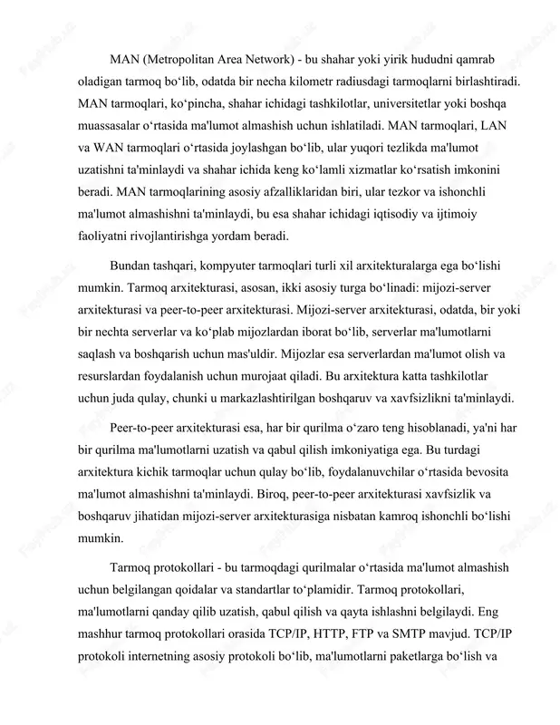 ynaydi. ular ma'lumot almashish, resurslardan foydalanish va aloqa o‘rnatish imkoniyatlarini ta'minlaydi. tarmoq arxitekturasi va tarmoq turlari, kompyuter tarmoqlarining samarali va xavfsiz ishlashini ta'minlashda muhim ahamiyatga ega. lan, wan, man va boshqa tarmoq turlari, har xil geografik hududlar va foydalanuvchilar o‘rtasida ma'lumot almashishni ta'minlaydi. tarmoq protokollari esa, ma'lumotlarni uzatish va qabul qilish jarayonini boshqaradi. kompyuter tarmoqlari, shuningdek, yangi texnologiyalar va innovatsiyalar bilan doimo rivojlanmoqda, bu esa ularning imkoniyatlarini yanada kengaytiradi va zamon talablariga javob beradi. tarmoq komponentlari va ularning funksiyalari: serverlar, mijozlar, routerlar, switchlar, va tarmoq kabellari. kompyuter tarmoqlari zamonaviy axborot texnologiyalarining asosiy komponentlaridan biridir. ular bir-biriga bog‘langan kompyuterlar va boshqa qurilmalar to‘plamidir, bu esa ma'lumot almashish, resurslardan foydalanish va aloqa o‘rnatish imkoniyatini beradi. tarmoq komponentlari, jumladan serverlar, mijozlar, routerlar, switchlar va tarmoq kabellari, bu tizimning muhim qismlaridir. har bir komponent o‘zining maxsus funksiyasiga ega va tarmoqning samarali ishlashini ta'minlaydi. serverlar - bu tarmoqda ma'lumotlarni saqlash, qayta ishlash va tarqatish uchun …