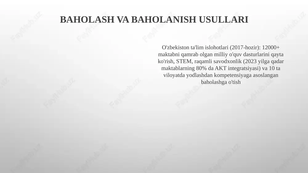 yoda avtomobilsozlik, it va to'qimachilik sohalarida 10 000 shogirdning o'qishini qo'llab-quvvatladi; xususiy sektor sherikligi 15%ga o'sdi, mamlakat miqyosida maktab infratuzilmasini yaxshilashga 50 million dollar investitsiya jalb qilindi. o'zbekistonning 2023-yilgi ta'lim byudjeti umumiy xarajatlarning 14,7 foizini, 1 trillion so'mdan ortiq mablag'ni tashkil etdi; jahon banki toshkent, samarqand va buxoro viloyatlarida o'qituvchilarni tayyorlash va raqamlashtirishga qaratilgan o'rta ta'lim islohotlari uchun 100 million dollar ajratdi. kasb-hunar ta'limi va malaka oshirish ta'lim islohotlari yevropa modellari asosida yangi milliy malaka ramkalarini (nmr) joriy etish, 20 dan ortiq kasb uchun kompetensiyaga asoslangan o'qitishni joriy etishni o'z ichiga oldi 2017-yildan beri o'zbekiston kasb-hunar ta'limi tizimi 12 hududda 21-asr mehnat bozoriga moslashtirilgan o'quv dasturlari (it, turizm (samarqand, toshkent), qishloq xo'jaligi (farg'ona vodiysi)) bilan keng qamrovli islohotlar o'tkazdi xalqaro hamkorlik va sheriklik e'tiboringiz uchun rahmat @taqdimot_robot image1.png image2.png image3.png