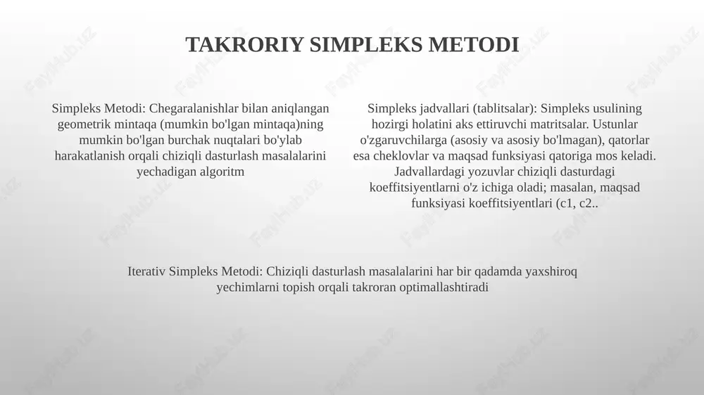 ikki qatorni almashtirish degeneratsiya va sikl simpleks jadvaldagi pivoti operatsiyalar maqsad funksiyasini yaxshilash uchun o'zgaruvchilar qiymatlarini tizimli ravishda yangilaydi. pivoti element (odatda, ma'lum tanlash qoidasiga ko'ra tanlangan ustundagi musbat element) qaysi o'zgaruvchining bazaga kirishi va chiqishini aniqlaydi simpleks jadvallari yoki jadval simplex algoritmining har bir iteratsiyasidagi tenglamalar sistemasini ifodalaydi. har bir qator cheklov tenglamasiga, ustunlar esa o'zgaruvchilarga (bo'shashgan, ortiqcha va sun'iy o'zgaruvchilarni o'z ichiga olgan holda) mos keladi. maqsad funksiyasi odatda alohida ko'rsatiladi simpleks metodida degeneratsiya bir yoki bir nechta bazaviy o'zgaruvchilarning nol qiymatlarga ega bo'lishi bilan yuzaga keladi; bu siklga, ya'ni simplex algoritmi optimal yechimga erishmasdan bir xil bazaviy mumkin bo'lgan yechimlar to'plamini takroran qayta ko'rib chiqishiga olib kelishi mumkin oddiy simpleks jadvali oddiy usul, iterativ algoritm, chiziqli dasturlash masalalari uchun optimal yechim topilguncha amalga oshiriladigan yechimlarni tizimli ravishda yaxshilaydi simpleks jadvallar ketma-ketligi orqali ko'rsatilgan bir necha iteratsiyalar algoritmning yutuqlarini namoyish etadi. har bir jadvalda joriy yechim (bazis o'zgaruvchilari …