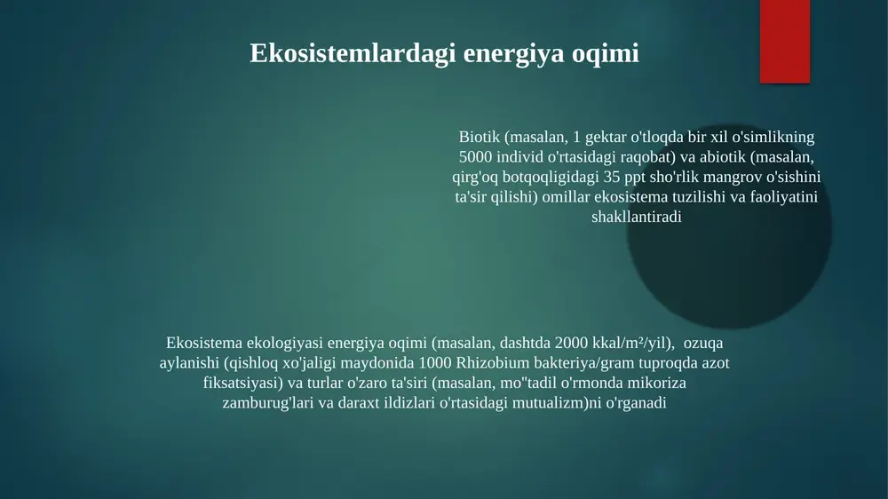 havalanish) parchalanish tezligiga taʼsir qiladi ozuqa aylanishi (masalan, azot sikli) mineralizatsiya (organikdan noorganik shaklga), immobilizatsiya (noorganikdan organikga) va nitrifikatsiya (ammiakdan nitratga) jarayonlarini o'z ichiga oladi. tuproq tuzilishi (loy, qum, gil), yer osti suvi darajasi (0,5-1,5m) va organik modda miqdori (5-10%) ozuqa elementlarining mavjudligini belgilaydi ekosistema ekologiyasi biotik (o'simliklar, hayvonlar, mikroorganizmlar) va abiotik (iqlim, tuproq) komponentlar o'rtasidagi o'zaro ta'sirlarni o'rganadi. atrof-muhit omillari (masalan, amazon o'rmonidagi harorat, yog'in) turlar tarqalishini va ekosistema unumdorligini belgilaydi. gidroekologik omillar (suv sho'rlanishi, qirg'oq botqoqlaridagi ozuqa moddalari miqdori) suv jamoalarini shakllantiradi gidro-edafik omillar: suv va tuproq biotik oʻzaro taʼsirlar (raqobat, yirtqichlk, simbioz) gidro-edafik sharoitlar bilan chambarchas bogʻliq. masalan, suv kamligi sharoitiga moslashgan oʻsimlik turlari (masalan, sonoran choʻlida kaktuslar) oʻziga xos ildiz tizimlari va suvdan foydalanish samaradorligi strategiyasini namoyon etib, hamjamiyat tuzilishini shakllantiradi abiotik omillar (harorat, quyosh nuri, relyef) va gidro-edafik sharoitlar o'zaro ta'sir etib, ekosistema xususiyatlarini belgilaydi. tuproqdagi ozuqa moddalari (azot, fosfor) miqdori ham muhim ahamiyatga ega …