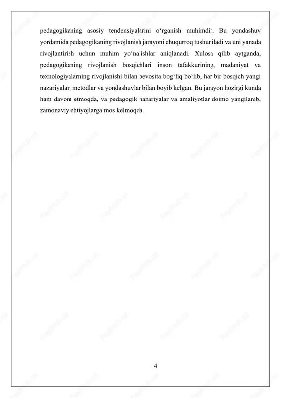 r, texnologiya va shaxsga yo‘naltirilgan ta’lim konseptlarini o‘z ichiga oladi. bu bosqichda pedagogikaning rivojlanishi inson ehtiyojlariga moslashish, individual yondashuv va texnologik imkoniyatlarni keng qo‘llash bilan ajralib turadi. shu bilan birga, pedagogikaning tarixiy rivojlanishini tahlil qilishda, har bir davrda yuzaga kelgan nazariyalar va metodlarning amaliyotga ta’siri muhim ahamiyat kasb etadi. bu jarayon, pedagogikaning rivojlanish tarixini chuqurroq tushunishga yordam beradi va yangi nazariyalar, metodlar ishlab chiqish uchun asos bo‘lib xizmat qiladi. har bir davr o‘ziga xos pedagogik yondashuvlar va metodologiyalar bilan boyib kelgan bo‘lib, ular shaxs rivojlanishi, jamiyat ehtiyojlari va texnologik imkoniyatlarga mos ravishda takomillashtirilib borgan. xulosa qilib aytganda, pedagogikaning rivojlanish bosqichlari inson tafakkurining, madaniyat va texnologiyalarning rivojlanishi bilan uzviy bog‘liq bo‘lib, har bir bosqich yangi nazariyalar, metodlar va yondashuvlar bilan boyib kelgan. bu jarayon, hozirgi zamonda ham davom etmoqda, va pedagogik nazariyalar hamda amaliyotlar doimo yangilanib, zamonaviy ehtiyojlarga moslashmoqda. pedagogik rivojlanish tarixini chuqur o‘rganish, uni yanada rivojlantirish uchun muhim asos bo‘lib …