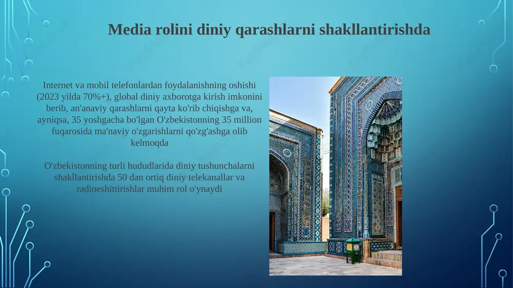 sh, ayniqsa shahar yoshlari orasida, g'arbiy madaniy ta'sirlar bilan chambarchas bog'liq dini ekstremizmning kuchayishi va unga qarshi kurash choralari mirziyoyev davrida o'zbekistonda ruhiy o'zgarishlar karimov davriga nisbatan dinni erkin bayon qilishga bag'rikenglikni oshirishni o'z ichiga oladi, bunga ba'zi masjid va madrasalarning qayta ochilishi, jamoat hayotining din sohasidagi erkinligining oshishi va mo''tadil "o'zbek" islomini targ'ib qilishga yo'naltirilganlik dalolat beradi din ta'limi va uning islohoti sovet davri ateizmidan ma'naviy o'zgarishlar; hukumat o'rtacha islomni qo'llab-quvvatlaydi, qishloqlarda 20 dan ortiq yangi masjidlar qurib, 12 viloyatda ro'yxatdan o'tmagan diniy guruhlarni tartibga soladi. bunga 1000 dan ortiq imomlar ustidan davlat nazoratining kuchayishi kiradi. 2018-yil konstitutsiyasi diniy erkinlikni kafolatlaydi, lekin cheklovlar bilan din hayotdagi ayollar roli sufiy amaliyotlarining qayta jonlanishi, xotin-qizlar mamlakat bo'ylab xususiy uylarda zikr doiralari (har birida 15-20 ishtirokchi)ga rahbarlik qilishlari bilan ifodalanadi. naqshbandiy va boshqa sufiy tariqatlarining ta'siri sezilarli bo'lib, ayollar ma'naviy ifoda uchun imkoniyat topmoqdalar qiyinchiliklar davom etmoqda: jamiyat me'yorlari, ayniqsa qoraqalpog'iston va …