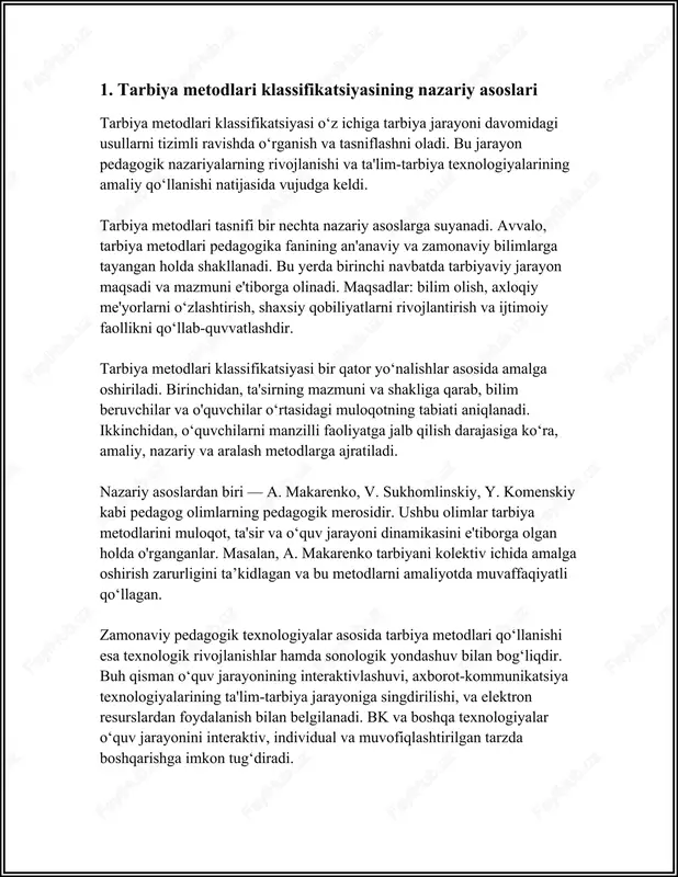 u esa an'anaviy laboratoriya jihozlarini qo’llab bo'lmaydigan holatlarda ham bilim olish imkonini beradi. innovatsion metodlarning yana bir foydali jihati shundaki, ular moslashuvchanligi sababli o'quvchilarning individual ehtiyojlari va qobiliyatlariga mos tushadi. bu, o'z navbatida, har bir o'quvchi o'z surʼati va usulida bilim olishini ta'minlaydi. an'anaviy ta'limda esa barcha o'quvchilarga bir xil yondashuv qo’llangani uchun, ularning shaxsiy qobiliyatlarini e'tiborsiz qoldirish xavfi mavjud. yana bir muhim omil, innovatsion metodlarda bilimlar o’quvchining real hayotda duch keladigan vaziyatlar bilan bog’lanishi hisoblanadi. bu o’quvchilar bilimining qo’llanishini va sohaga oid ko’nikmalarni mustahkamlashga yordam beradi. umuman olganda, anʼanaviy va innovatsion tarbiya metodlari har bir o‘quv jarayonida o‘ziga xos ahamiyatiga ega. anʼanaviy metodlar nazariy bilim berishda va mavzuni o‘rganishga kirishish jarayonida foydali bo‘lsa, innovatsion metodlar o‘quvchilarda amaliy ko‘nikmalarni shakllantirish va muammolarni mustaqil ravishda hal etishga o‘rgatadi. shunday qilib, ikkala usulning integratsiyalashuvi ta'lim jarayonning samaradorligini oshirishi mumkin. 3. nazariy-muamoli topshiriqlar asosida tarbiya metodlarini tanlash mezonlari "tarbiya metodlari klassifikatsiyasi" mavzusi doirasida …