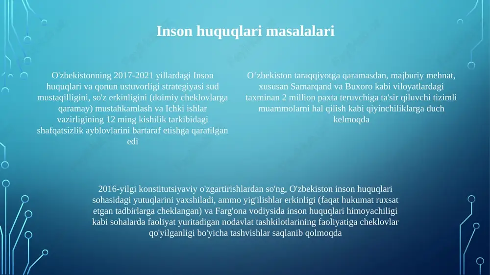 an ortiq qishloq xo'jaligini modernizatsiya qilish loyihalari) farg'ona vodiysida bug'doy hosilini 10%, qashqadaryo viloyatida paxta yetishtirishni 5% ga oshirdi va 500 000 dan ortiq fermerlarga ta'sir ko'rsatdi. mikrofinans dasturlari 2020-2025 yillarda qishloq joylardagi 300.000 dan ortiq ayol tadbirkorlarni qo'llab-quvvatladi, 70%i qishloq xo'jaligiga, 30%i hunarmandchilikka yo'naltirildi. bu tashabbuslar navoiy va buxoro viloyatlarida oila daromadlarini o'rtacha 15% ga oshirdi. sog'liqni saqlashga kirish imkoniyati va sifati o'zbekiston sog'liqni saqlash tizimi, ayniqsa qishloq joylarida (masalan, qoraqalpog'iston, surxondaryo) kirish mumkinlik muammosiga duch kelmoqda, bu aholining 20% birlamchi tibbiy yordamga ega emasligiga olib keladi ijtimoiy islohotlar infratuzilmani yaxshilashni, 50 ta yangi klinika va kasalxona qurishni, mavjud 200 ta muassasaning raqamlashtirilishini (e-sogʻliqni saqlash tizimlari 2025-yilga kelib 70% qamrovga ega boʻladi) oʻz ichiga oladi asosiy tibbiyotni mustahkamlashga qaratilgan muhim islohotlar 2030-yilga qadar jamoat salomatligi tashabbuslari orqali aholini qamrashni 90% ga oshirishga qaratilgan. 2024-yilda tibbiy uskunalarga (100 million aqsh dollari) qo'shimcha mablag' kiritish kamida 60% kasalxonalarda mavjud bo'lmagan uskunalar …