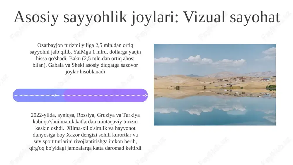 va mahalliy jamoalarga foyda keltirdi. ozarbayjon 2022 yilda 2,7 million sayyohni qabul qilib, ~2 milliard dollar daromad oldi; baku, gabala, sheki asosiy sayyohlik joylari; neft, gaz va minerallarga boy; aholisi ~10 million. aholi taqsimoti va demografiyasi 01 02 ozarbayjonning xilma-xil landshafti (qirg'oq tekisliklari, kavkaz tog'lari) qishloq xo'jaligini (choy, paxta) qo'llab-quvvatlaydi, oziq-ovqat xavfsizligiga va qishloq aholisiga ta'sir qiladi. turizmdan olingan iqtisodiy foyda bakida va yirik sayyohlik markazlarida jamlangan bo'lib, mintaqaviy rivojlanishga ta'sir qiladi ozarbayjon aholisi (10 milliondan ortiq) notekis taqsimlangan, 70% bakı va atrofida jamlangan bo'lib, turizm infratuzilmasini rivojlanishiga ta'sir qiladi. neft (xazor dengizi), tabiiy gaz va oltin kabi muhim tabiiy boyliklar yaimga katta hissa qo'shadi sales 1st qtr 2nd qtr 100 0 sales 1st qtr 2nd qtr 100 0 turizm uchun infratuzilma rivojlanishi ozarbayjon turizm sohasi 2022 yilda 2,1 milliard dollar daromad keltirdi, 750 mingdan ortiq ish o'rni yaratdi va boku, sheki, gabala kabi hududlardagi 10 milliondan ortiq aholiga ta'sir …