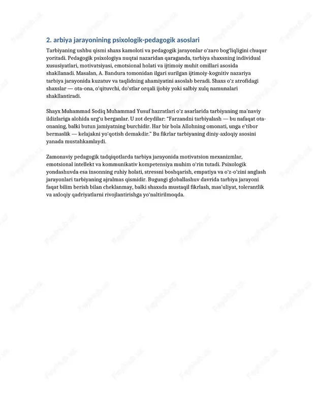 fikrlash, mas’uliyat, tolerantlik va axloqiy qadriyatlarni rivojlantirishga yo‘naltirilmoqda. 4. arbiyada oilaning, maktabning va jamiyatning roli tarbiyaning ushbu qismi shaxs kamoloti va pedagogik jarayonlar o‘zaro bog‘liqligini chuqur yoritadi. pedagogik psixologiya nuqtai nazaridan qaraganda, tarbiya shaxsning individual xususiyatlari, motivatsiyasi, emotsional holati va ijtimoiy muhit omillari asosida shakllanadi. masalan, a. bandura tomonidan ilgari surilgan ijtimoiy-kognitiv nazariya tarbiya jarayonida kuzatuv va taqlidning ahamiyatini asoslab beradi. shaxs o‘z atrofidagi shaxslar — ota-ona, o‘qituvchi, do‘stlar orqali ijobiy yoki salbiy xulq namunalari shakllantiradi. shayx muhammad sodiq muhammad yusuf hazratlari o‘z asarlarida tarbiyaning ma’naviy ildizlariga alohida urg‘u berganlar. u zot deydilar: “farzandni tarbiyalash — bu nafaqat ota-onaning, balki butun jamiyatning burchidir. har bir bola allohning omonati, unga e’tibor bermaslik — kelajakni yo‘qotish demakdir.” bu fikrlar tarbiyaning diniy-axloqiy asosini yanada mustahkamlaydi. zamonaviy pedagogik tadqiqotlarda tarbiya jarayonida motivatsion mexanizmlar, emotsional intellekt va kommunikativ kompetensiya muhim o‘rin tutadi. psixologik yondashuvda esa insonning ruhiy holati, stressni boshqarish, empatiya va o‘z-o‘zini anglash jarayonlari …