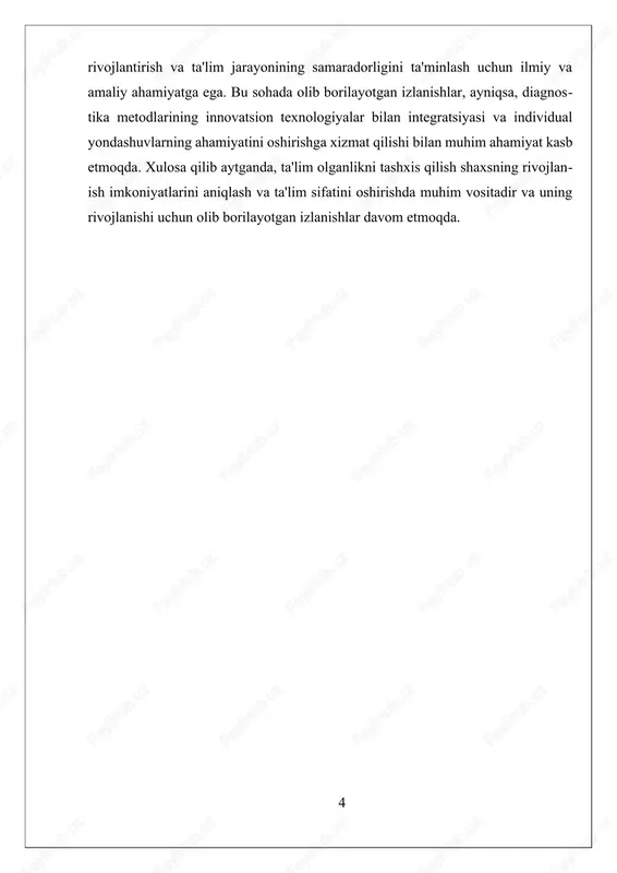 darajasiga mos bo‘lishi kerak. ikkinchidan, baholash jarayonining ob'ektivligi ta'minlanishi lozim, ya'ni natijalar shaxsiy fikrlar yoki subyektiv fikrlarga bog‘liq bo‘lmasligi kerak. uchinchidan, metodlar amaliy va oson qo‘llanilishi, shuningdek, diagnostika jarayonining davomiyligi va tejamkorligi muhimdir. pedagogik diagnostika metodlarini ishlab chiqishda, shuningdek, yangi texnologiyalar va innovatsion yondashuvlar muhim ahamiyat kasb etadi. masalan, interaktiv ta’lim platformalari, mobil ilovalar va sun'iy intellekt asosidagi tahlil vositalari yordamida diagnostika jarayonining aniqligi va samaradorligi oshirilmoqda. bu texnologiyalar yordamida shaxsning rivojlanish potentsiali, qobiliyatlari va ehtiyojlari haqidagi ma’lumotlar aniq va keng qamrovli bo‘lib, ta’lim jarayonini shaxsga moslashtirish imkonini beradi. xulosa qilib aytganda, pedagogik diagnostika asoslari va metodlari ta'lim sifatini oshirishda muhim vositadir. ular yordamida o‘qituvchilar va ta'lim muassasalari shaxsning rivojlanish darajasini aniqlash, individual ehtiyojlarni belgilash va ta'lim jarayonini optimallashtirish huquqiga ega bo‘ladilar. zamonaviy texnologiyalar bilan integratsiya qilingan metodlar esa diagnostika jarayonining aniqligini, tezligini va ishonchliligini oshiradi. bu esa o‘z navbatida, ta’lim sifatining yaxshilanishi va shaxsning rivojlanish imkoniyatlarining kengayishi uchun asos …