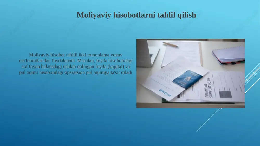 ti) debet-kredit tizimi ikki tomonlama buxgalteriya hisobi zamonaviy buxgalteriyaning asosi bo'lib, har bir moliyaviy operatsiya kamida ikkita hisobni (debet va kredit) ta'sir qiladi. debetlar aktiv, xarajat va dividend hisoblarini oshiradi; kreditlar majburiyat, kapital va daromad hisoblarini oshiradi ikki tomonlama yozuv tizimining ishonchliligi o'z ichiga olgan nazorat va muvozanat mexanizmlaridan kelib chiqadi. jurnal yozuvlari: asos jurnal yozuvlari: operatsiyalarni xronologik qayd etish; sana, hisob nomlari, debet ustuni, kredit ustuni; bosh daftarga o'tkazish; tasdiqlovchi hujjatlar (invoyuslar, kvitansiyalar); turli operatsiyalar (sotish, xarid, to'lovlar) uchun maxsus jurnal yozuvlari; xato aniqlash va tuzatish; moliyaviy hisobotlar tayyorlash uchun asos. balans varaqasi ikki tomonlama buxgalteriya hisobi: har bir operatsiyani ikki yozuv bilan (bir hisobda debet va boshqasida kredit) qayd etib, buxgalteriya tenglamasining muvozanatini ta'minlaydigan tizim e'tiboringiz uchun rahmat @taqdimot_robot image1.jpg image2.jpg image3.jpg image4.jpg image5.jpg image6.jpg image7.jpg image8.jpg image9.jpg image10.jpg image11.jpg image12.jpg image13.jpg image14.jpg image15.jpg image16.jpg image17.jpg