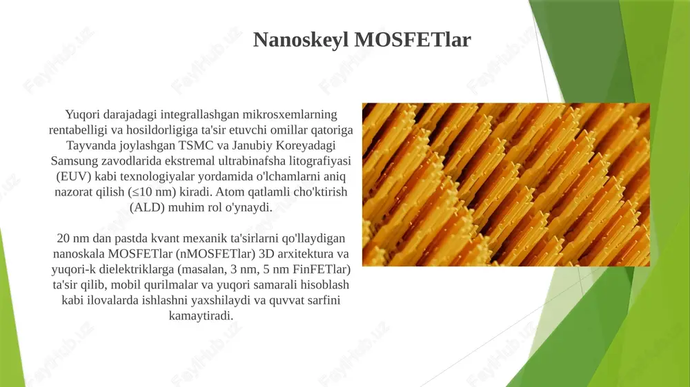 adigan nanoskala yarim o'tkazgichlar, mikroprotsessorlardagi yuqori tezlikdagi tranzistorlar (masalan, intel, tsmc) va samarali quyosh batareyalari (masalan, perovskit quyosh batareyalari) kabi qo'llanmalar uchun muhim bo'lgan noyob elektron va optik xususiyatlarga ega elektronika (masalan, kichikroq, tezroq va energiya tejaydigan mantiqiy sxemalar), optoelektronika (masalan, kuchaytirilgan emissiya xususiyatlariga ega lazerlar, ledlar), biosensorlar (masalan, tibbiy diagnostika uchun kvant nuqtalaridan foydalangan yuqori sezgir detektorlar) kabi turli sohalarda qo'llaniladi e'tiboringiz uchun rahmat @taqdimot_robot image1.jpg image2.jpg image3.jpg image4.jpg image5.jpg image6.jpg image7.jpg image8.jpg image9.jpg image10.jpg image11.jpg image12.jpg image13.jpg image14.jpg image15.jpg image16.jpg image17.jpg