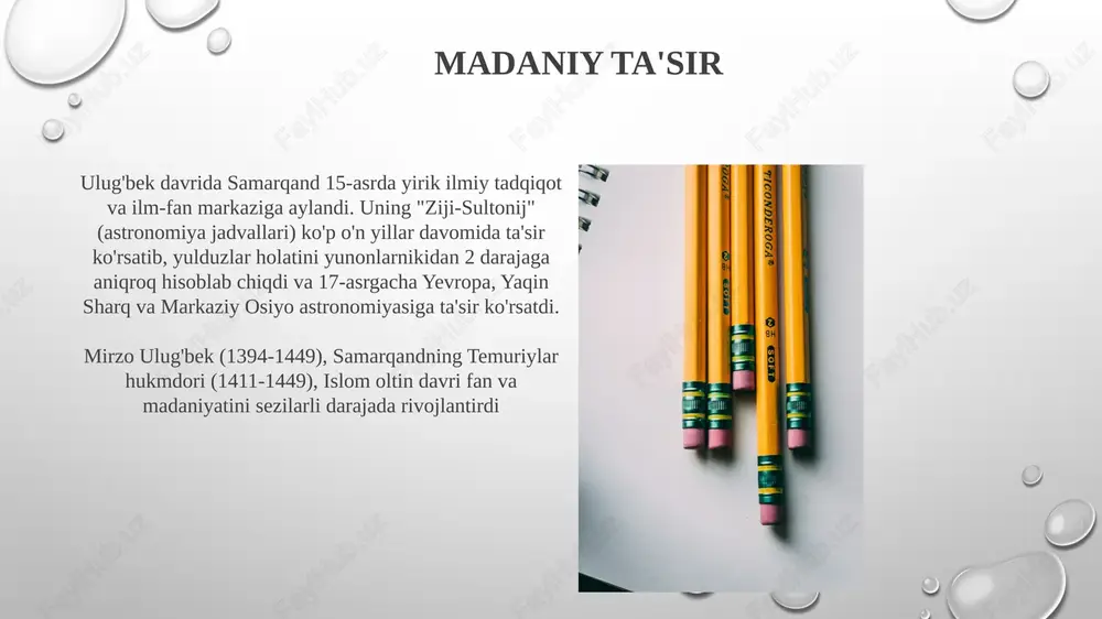 i (samarqand, 1420-yillar) qoʻllab-quvvatlagan. uning homiyligi koʻplab olimlarni moliyalashtirib, astronomiya, matematika (besh oʻnlik belgiga aniq trigonometrik jadvallar shu jumladan) va boshqa sohalarda sezilarli yutuqlarga erishildi kutubxona va stipendiya samarqanddagi ulugʻbek kutubxonasi minglab qoʻlyozmalarni, jumladan astronomiya, matematika, tibbiyot va islom ilohiyoti asarlarini saqlagan. islom olamidan olimlar rasadxona va kutubxonada tahsil olish uchun kelishgan. uning maʼnaviy homiyligi ilm-fanning oltin davrini boshlagan hokimiyatga ko'tarilish mirzo ulugʻbek, temur (amir temur)ning nabirasi, 1409-yilda otasi shohrux vafot etganidan keyin katta imperiyani – fors, markaziy osiyo va yaqin sharqning ayrim qismlarini meros qilib oldi astronomiya yutuqlari ulugʻbekning 1437-yilda tugallangan "ziji-sultonij"i (sulton jadvallari) astronomik jadvallarda muhim yutuq boʻlib, ptolemeyning "almagesti" kabi avvalgi asarlarni ortda qoldirib, sayyoralar holatini aniqroq hisoblashni va ekliptikaning moyilligini (23°30′17″) zamonaviy qiymatdan 0,5 minut kamroq aniqlikda oʻlchashni taʼminladi mirzo ulugʻbek (1394-1449), samarqandning temuriylar sultoni, taxminan 1420-yilda ulugʻbek rasadxonasini (samarqand, oʻzbekiston) qurdirgan. 40 metr diametrli sekstant kabi ilgʻor asboblardan foydalanib, yuqori aniqlikdagi yulduzlar katalogini (1018 yulduz, …