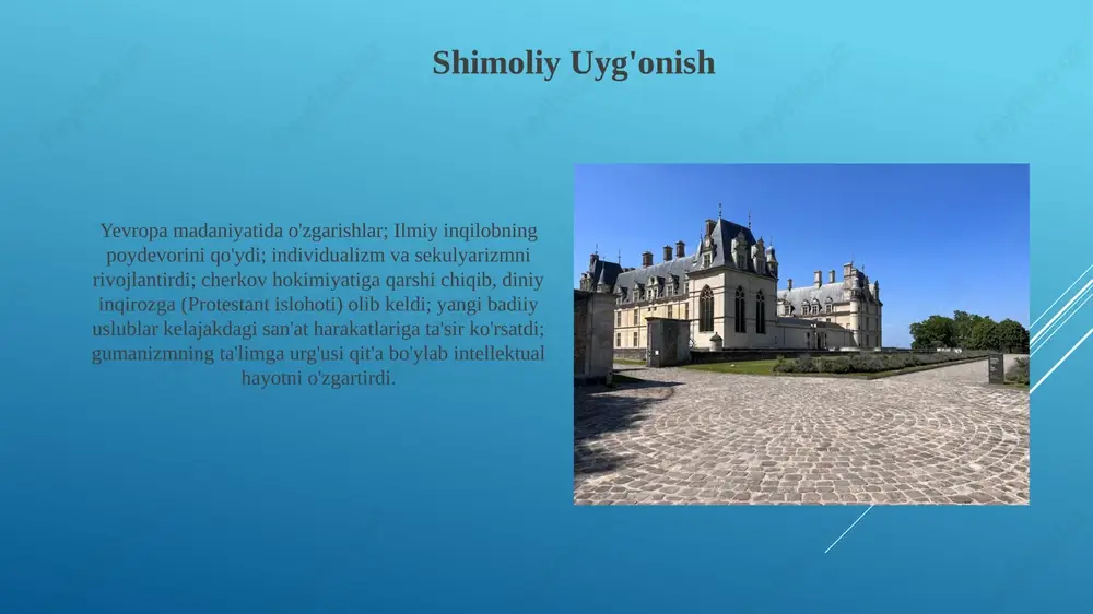 dan loyihalashtirilgan, uyg'onish davri cherkov me'morchiligining eng yuqori cho'qqisini ifodalaydi pitti saroyi (florensiya, 1458-yilda boshlangan), florentin uyg'onish saroyi dizaynining yorqin namunasi bo'lib, simmetriya, proporsiya va rustifikatsiya qilingan tosh ishlari va ulkan tartib kabi klassik elementlarni aks ettirib, uyg'onish davrining uyg'unlik, muvozanat va gumanizm ideallarini namoyish etadi uyg'onish va zamonaviy dunyo 14-16-asrlar yevropada uyg'onish davrini (renessans) boshdan kechirdi uyg'onish davri merosi zamonaviy dunyoni chuqur o'zgartirdi, san'at, fan, siyosat va falsafa sohalariga ta'sir ko'rsatdi. inson aqliga va tajriba kuzatishlariga urg'u berilishi ilmiy inqilob va ma'rifat davriga zamin yaratdi e'tiboringiz uchun rahmat @taqdimot_robot image1.jpg image2.jpg image3.jpg image4.jpg image5.jpg image6.jpg image7.jpg image8.jpg image9.jpg image10.jpg image11.jpg image12.jpg image13.jpg image14.jpg
