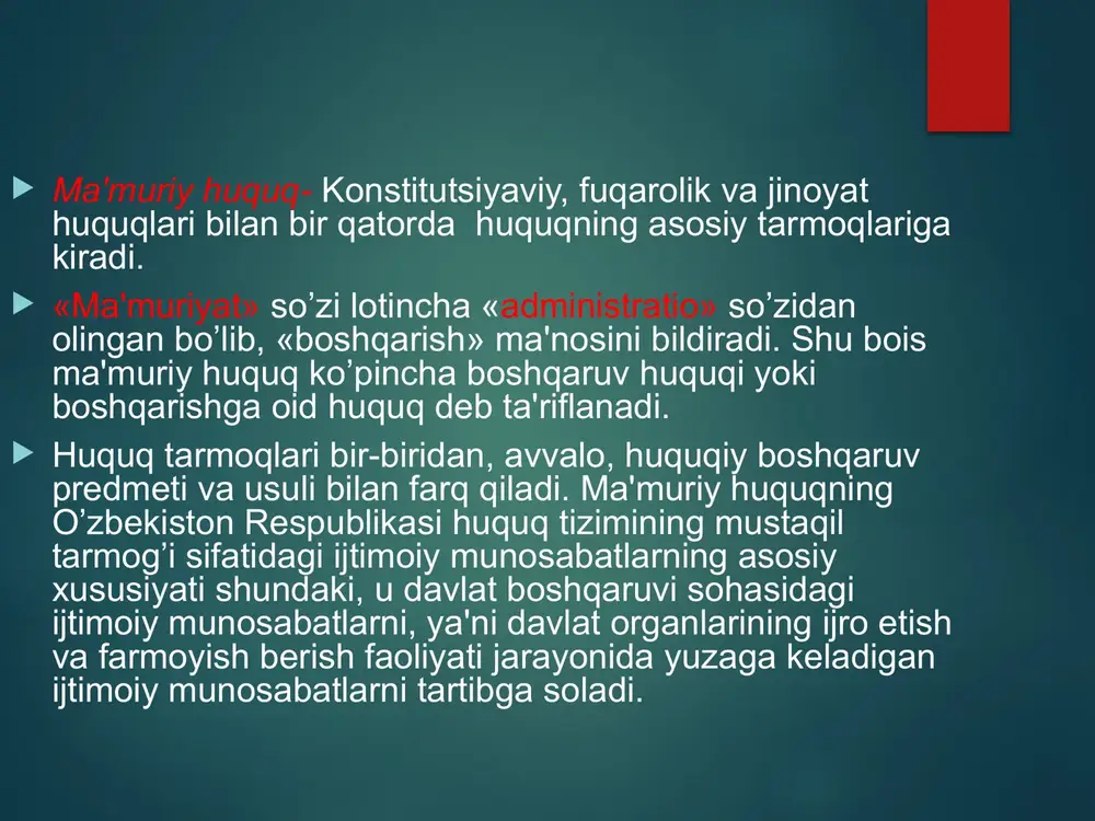 a). ma'muriy qamoq — ma'muriy huquqbuzarlikning ayrim turlari uchun 3 sutkadan 15 sutkagacha bo’lgan muddatga qo’llaniladi. ma`muriy huquqiy munosabatlar. 1. agar fuqarolardan biri ikkinchisiga nisbatan huquqli vakolatga ega bo`lmasa, ular o`rtasida ma`muriy munosabatlar vujudga kelishi mumkin emas. bunda boshqa tomonning roziligi shart emas. 2.tomonlar tengsizligi boshqaruv hamda birgalikdagi faoliyat ishtirokchilari irodasining yagona boshqarish irodasiga bo`ysunishini taqozo etadi. 3. ma`muriy munosabatlarning paydo bo`lishi ushun tomonlardan birining irodasi kifoya qiladi. ma`muriy huquqiy munosabatlar. 4.o`z mohiyat-e`tibori bilan ma`muriy munosabatlar tashkiliy munosabatlardan iborat, ya`ni eng avvalo huquqni bajarish jarayonini tashkil etishga yo`naltirilgandir. 5. fuqarolik-huquqiy, mehnat yoki oilaviy-huquqiy munosabatlardan farqli ravishda, ma`muriy-huquqiy munosabatlarda yuzaga kelgan nizolar, odatda, suddan tashqari tartibda hal etiladi. 6. agar tomonlardan biri huquqiy munosabatlar bo`yicha ikkinchi tomonga zarar yetkazgan holda ma`muriy norma talabalarini buzsa, u boshqa tomon oldida emas, balki bevosita davlat oldida javob beradi. ma'muriy huquqning – o`zbekiston respublikasi huquq tizimida tutgan o`rni o`zbekiston respublikasi konstitutsiyasiga binoan fuqarolar davlat organlari …
