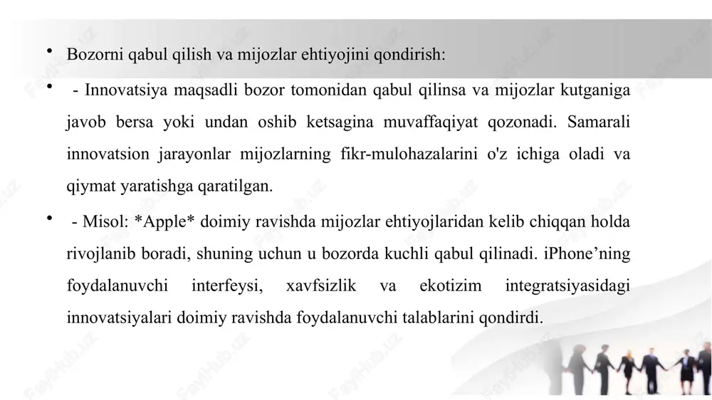 ga olib kelishi mumkin. foydalanilgan manbalar: 1. https://uz.wikipedia.org/wiki/innovatsion_jarayonlarning_modellari 2. https://cyberleninka.ru/article/n/innovatsion-menejment-samaradorlikni-oshirish-tizimi-sifatida 3. https://academics.uz/index.php/conference/article/view/3437 4. https://lex.uz/uz/docs/-6102462 5. 17mavzu.innovatsion jarayonning samaradorligi.docx etiboringiz uchun raxmat ! image2.jpeg image3.jpeg image4.jpeg image5.jpeg image6.jpeg image7.jpeg image8.jpeg image1.jpeg /docprops/thumbnail.jpeg