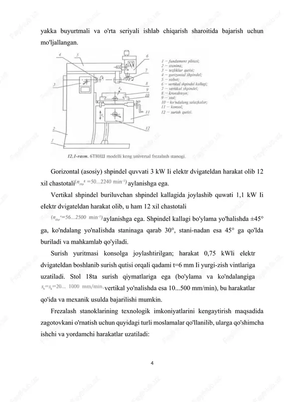 atrofida burilishi mumkin. shunday qilib, konsolli-frezalash stanoklari quyidagi variantlarda chiqariladi: gorizontal (modellari 6r80g, 6r81g, 6r82g, 6r83g,... 6t82,..); vertikal (modellari 6p10, 6pu,6p12, 6p13, 6p12b, 6mnk,...); universal (modellari 6p80, 6p81, 6p82, 6p83,..); keng universal (mode!iari 6r80sh, 6r81sh, 6r82sh, 6r83sh, 6t80sh,...). konsolsiz, bo'ylama-frezalash va uzluksiz harakatdagi frezalash stanoklari konsolsiz vertikal-frezalash (yoki krest stolli vertikal-frezalash) stanoklari yirik zagotovkalarni katta kesimli qirindi olib ishlov berish-da foydalaniladi. konsolsiz stanoklar katta quvvatga, shpindelning yuqori chastotalarda aylanishi va stolning katta miqdordagi surishlariga ega. shpindel babkasi staninaning yo'naltiruvchilari bo'yicha vertikal yo'nalishda harakatlantiriladi. ba'zi stanoklarda shpindelning o'qi burchak ostida o'rnatilishi mumkin. stol gorizontal tekislikda ikki o'zaro perependikularyo'nalishda harakatlanadi. stolning kengligi 630, 800 va 1000 mm. 6a59 model!i vertikal-frezalash stanogida (12.2-rasm) har xil frezalash ishlaridan tashqari frezalash kallagining vertikal surilishi yordamida oddiy parmalash va teshik kengaytirish ishlarini ham bajarish mumkin. bo'ylama-frezalash stanoklari yirik gabaritli zagotovkalarga ishlov berish uchun mo'ljallangan, ular bir va ikki stoykali bo'lib, frezalash kallaklari soni bir stoykali stanoklarda …
