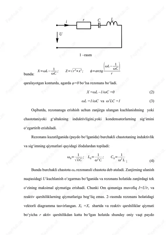 paytda maksimal qiymatda erishadi: i=u/z=u/r r qarshilikdagi kuchlanish pasayishi manba kuchlanishiga teng bo'ladi: ur=ir=u. rezonans rejimidagi induktiv yoki sig'im qarshilik rezonans zanjir (kontur)ining to'lqin qarshiligi deb ataladi: p=ωrl==. agar zanjirdap>>r shart bajarilsa, u holda reaktiv elementlardagi kuchlanishlar manba kuchlanishidan ko'p marta ortiq bo'ladi. ulr yoki ucr ni u dan necha marta katta bo`lishi konturning aslligi bilan tavsiflanadi: q===== . d=1/q=r/p — zanjir (kontur) ning so`nishi. rezonans rejimida zanjirdagi energetik munosabatlar ham o`ziga xos ayrim xususiyatlarga ega. zanjirdagi tok i=imsinωrt bo`lsa kondensatordagi kuchlanish uc= bo`ladi. zanjir va elektr va magnit maydonlardagi enrgiya: oxirgi ifodadan ko'rinadiki, zanjirdagi elektr va magnit maydonlari energiyalarining yig'indisi vaqt bo'yicha o'zgarmaydi. energiya induktiv g'altak bilan kondensatorda navbatma navbat to'planib turadi. aktiv qarshilikda sarf bo'layotgan energiyani manbadankelayotgan energiya qoplab turadi. r, l va c elementlar ketma-ket ulangan zanjir (kontur) chastota tavsiflarini o'rganib chiqamiz. manba kuchlanishi amplitudasi bo'lib, chastotasining oraliqda o'zgarishi zanjirning quyidagi parametrlarini o'zgarishigaolib keladi: 2.21-rasm, a da …