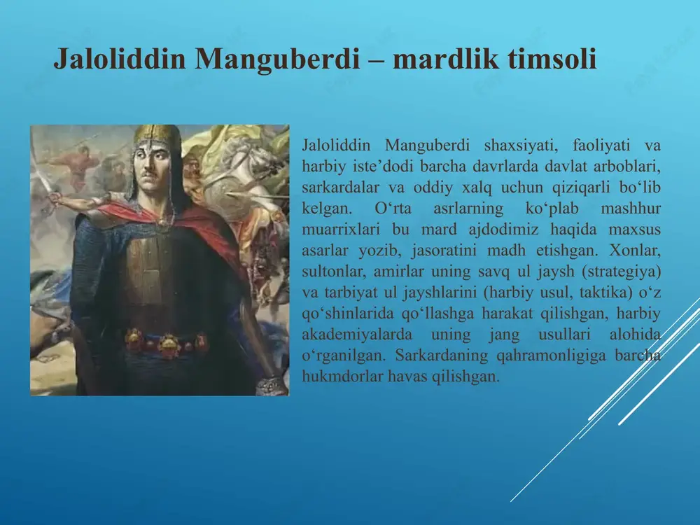 ilning 30-avgust kuni manguberdi xotirasini e’zozlash maqsadida “jaloliddin manguberdi” ordeni ta’sis etilgan. bu orden bilan mamlakat mustaqilligini, xalqning or-nomusini, vatan sarhadlarini himoya qilishda hamda uni ko‘z qorachig‘iday asrashda yuksak harbiy mahorat, qahramonlik va jasorat ko‘rsatgan, davlatning mudofaa qudratini mustahkamlashga ulkan hissa qo‘shgan qo‘mondonlik tarkibiga kiruvchi harbiy xizmatchilar mukofotlanadilar. e’tiboringiz uchun rahmat❤️ image1.jpeg image2.jpeg image3.jpeg image4.jpeg image5.jpeg image6.png image7.jpeg image8.jpeg image9.jpeg image10.jpeg image11.jpeg image12.jpeg image13.jpeg image14.jpeg image15.jpeg image16.jpeg image17.jpeg image18.jpeg image19.jpeg
