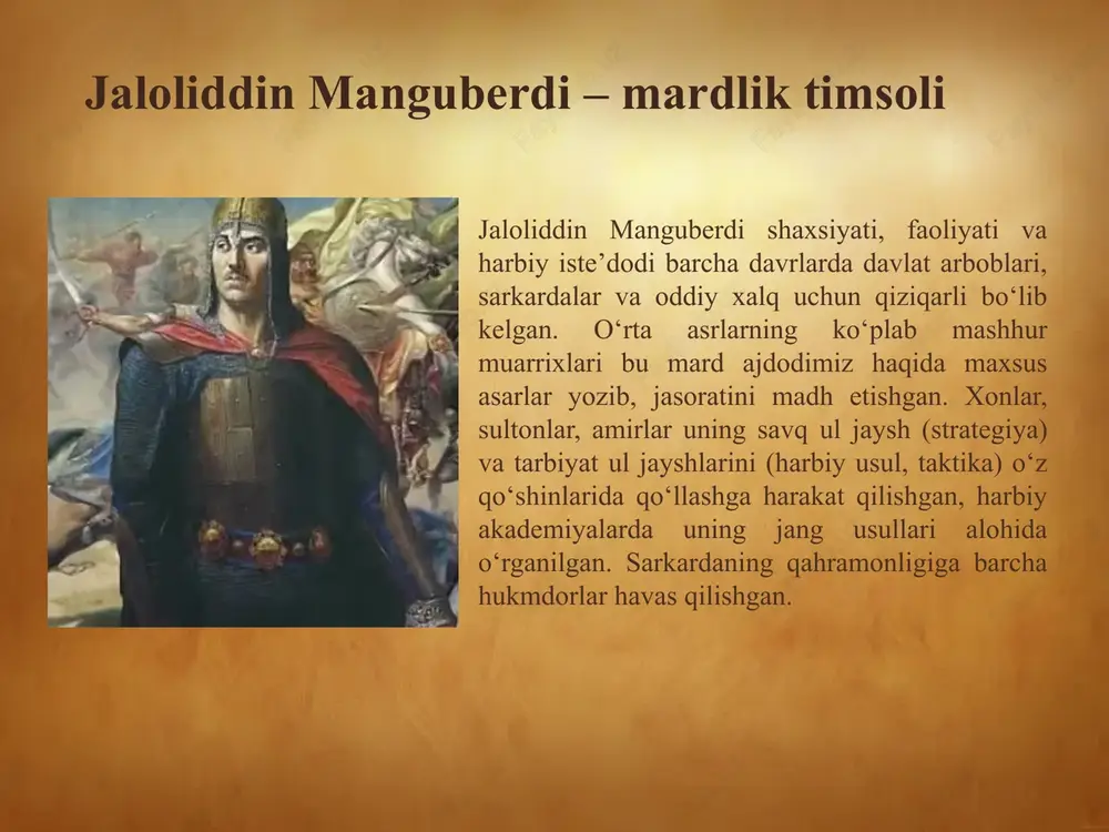 ko‘z qorachig‘iday asrashda yuksak harbiy mahorat, qahramonlik va jasorat ko‘rsatgan, davlatning mudofaa qudratini mustahkamlashga ulkan hissa qo‘shgan qo‘mondonlik tarkibiga kiruvchi harbiy xizmatchilar mukofotlanadilar. jaloliddin manguberdi tavalludini keng nishonlash doimiy anʼanaga aylandi. o‘zbekistonda unga atab bir nechta haykallar o‘rnatilgan. xorazm viloyatida jaloliddin manguberdiga bag‘ishlangan memorial majmua qurilgan. e’tiboringiz uchun rahmat❤️ image2.jpeg image3.png image4.jpeg image5.jpeg image6.png image7.jpeg image8.jpeg image9.jpeg image10.png image11.jpeg image12.jpeg image13.jpeg image14.jpeg image15.jpeg image16.jpeg image17.jpeg image18.jpeg image19.jpeg image20.jpeg image21.jpeg image22.jpeg image23.jpeg