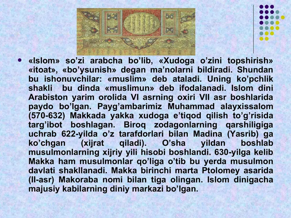 892). 4.imom ahmad an-nasoniy 215 (880)-303 (915). 5.imom abu dovud sulaymon sijistoniy 202 (817)-275 (888). 6. imom abu abdulloh muhammad ibn mojja 209 (824)-273 (886). hadislarda insonning inson oldidagi mas’uliyati «savob», «gunoh» tushunchalari orqali boshqarilishi aytiladi. o`zbekistonda islomiy munosabatlarga keng yo`l ochilgan. istiklolning dastlabki kunlaridanok diyorimizning barcha fukarolari xakikiy e’tikod erkinligini xis eta boshladilar. bugungi kunda uzbekistonda turli din vakillarning xech kanday tusiklarsiz uz dinlariga e’tikod kilishlari uchun barcha sharoitlar yaratilgan. sobik shurolar davrida respublikamizda bor-yugi89 masjid va ikki madrasa faoliyat kursatgan bulsa, xozir uzbekiston musulmonlari idorasi boshkaruvi ostida rasmiy ruyxatdan utgan, barcha kulayliklar yaratilgan 1700 dan ortik masjid, 10 madrasa va toshkent islom universiteti faoliyat kursatib kelmokda. shuningdek, mamlakatimizda istikomat kilayotgan 130dan ziyod millat vakillari xam uzlari e’tikod kilayotgan dinlarida emin-erkin ibodat kilmokdalar. bugun respublikamizda 15 turdagi 170 dan ziyod noislomiy diniy tashkilotlar rasman faoliyat kursatmokda. 1999 yil 7 aprel kuni respublika prezidenti i.karimovning farmoniga asosan islom universiteti tashkil …