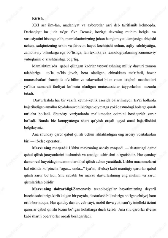 a chaqirilganligi tufayli u shartli ifodaning natijasiga qaramaydi. 1.3.if else operatorining sintaksisi. 8-rasm if...else buyrugʻi shartli ifodani baholaydi va u rost deb baholangandagina if operatorining asosiy qismidagi kod ishga tushadi. agar shart yolgʻon deb baholansa, else operatorining asosiy qismi ishga tushiriladi. qismlarni bir-biridan ajratish uchun indentatsiyadan foydalaniladi. 2-sxema test expression – shartli ifoda. false – yolg’on true – rost body of if – if shartli operatorining asosiy qismi if...else operatorlariga namuna 9-rasm yuqoridagi namunada, num 3 ga teng boʻlganda, shartli ifoda rost deb baholanadi va if operatorining asosiy qismidagi kod ishga tushadi. else operatorining asosiy kod qismiga ehtiyoj qolmaydi(oʻtkazib yuboriladi.). agar num -5 ga teng boʻlsa, shartli ifoda yolgʻon(false) deb baholanadi va else operatorining asosiy kod qimi bajariladi. if operatorining kod bloki oʻtkazib yuboriladi. if...else tarmoqlanish operatori if...else tarmoqlanish operatori mantiqiy ifoda natijasi bog’liq holda dastur qismining bajarilishi yoki bajarilmasligini ta’minlaydi. operator umumiy holda quyidagi ko’rinishda bo’ladi: if : [elif …