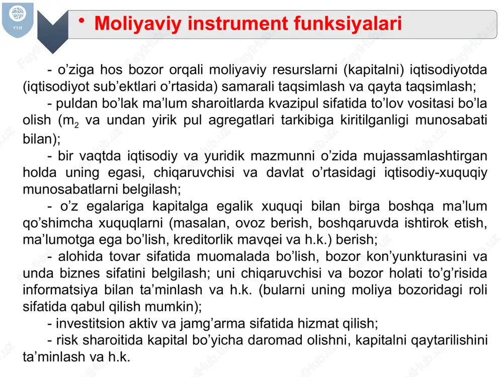 boʻlgan instrumentlar hisoblanadi yaʼni ularning pulga aylanish jarayoni tez amalga oshadi. pul bozoridagi qimmatli qogʻozlarning asosiy xususiyatlari - ular asosan yirik, yaʼni koʻp miqdorda sotiladi; - ulardagi defolt riski juda ham past hisoblanadi; - ularning muddati emissiya qilingan sanadan boshlab bir yilgacha boʻladi. pul bozori ishtirokchilari pul bozori instrumentlari - davlat qisqa muddatli qimmatli qogʻozlari - qayta sotib olinuvchi shartnomalar - depozit sertifikatlari - tijorat qogʻozi - bankir kafolati - yevrodollar pul bozori instrumentlarining daromadlilik darajasi pul bozori instrumentlarining daromadlilik darajasi qanday aniqlanadi? bunda: 𝑖discount – yillik diskont stavka; 𝐹 – qimmatli qogʻozning nominal bahosi; 𝑃 – sotish bahosi; n – muddati (kunda); tavsiya etiladigan adabiyotlar ro‘yhati asosiy adabiyotlar: s.elmirzayev, moliya bozori. darslik – t.: “iqtisod-moliya”, 2019. - 324 b. frederic s. mishkin., stanley g. eakins textbook. financial markets and institutions, 9 th edition, isbn 978-0-13-451926-5. pearson education © 2018. – 688 p. shirshov, petrik: finansoviy rinok. uchebnoe posobie. isbn: …