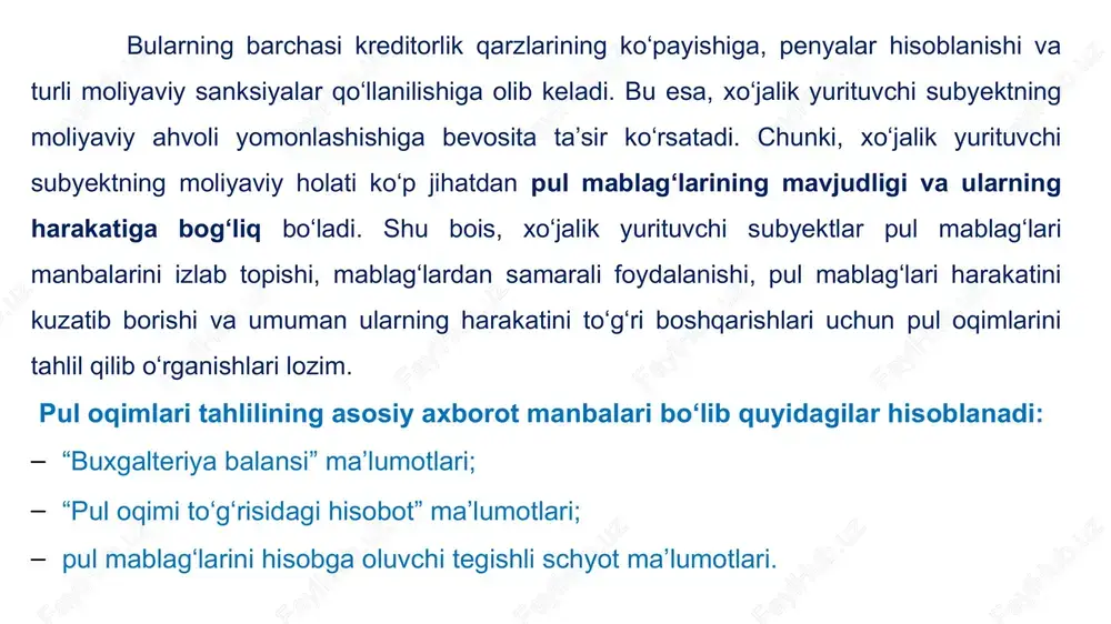 da o‘zgarishlar yuz beradi. ushbu ta’rifdan kelib chiqqan holda ularni quyidagicha tasniflash mumkin. moliyaviy faoliyat bo‘yicha pul mablag‘lari harakati pul tushumlari pul to‘lovlari olingan foizlar va dividendlar to‘langan foizlar va to‘langan dividendlar aksiyalarni chiqarishdan yoki xususiy kapital bilan bog‘liq bo‘lgan boshqa instrumentlardan kelgan pul tushumlari xususiy aksiyalar sotib olingandagi pul to‘lovlari uzoq va qisqa muddatli qarzlarning olinishi uzoq va qisqa muddatli kredit va qarzlarning to‘lanishi uzoq va qisqa muddatli kreditlarning olinishi uzoq muddatli ijara (moliyaviy lizing) bo‘yicha pul to‘lovlari moliyaviy faoliyatning boshqa pul tushumlari moliyaviy faoliyatning boshqa pul to‘lovlari 14 soliqqa tortish – xo‘jalik yurituvchi subyekt tomonidan to‘langan foyda solig‘i va boshqa soliqlar hamda majburiy to‘lovlar summasining chiqib ketishi natijasida yuzaga keladi soliqqa tortish bo‘yicha pul mablag‘larining harakati pul tushumlari pul to‘lovlari ortiqcha to‘langan foyda solig‘i bo‘yicha pul tushumlari to‘langan foyda solig‘i ortiqcha to‘langan boshqa soliqlar bo‘yicha pul tushumlari to‘langan boshqa soliqlar ortiqcha to‘langan majburiy to‘lovlar bo‘yicha pul tushumlari to‘langan …