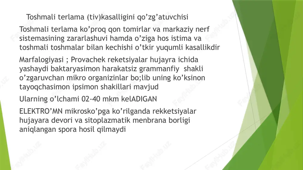 ni darhol aniqlash uchun hobli va menkevichkining qan tomir reyaksiyasidan foydalanish mumkun davolash va oldini olish toshmali terlamani kompleks va qatiy indvidal tarzda olib boriladi kampleks davolash kasallikning sababiga qarshi etiatrop patagenetik va boshqa belgilariga qarshi chora tadbirlarini o’z ichiga oladi bunda tetrasiklin qatoriga kiruvchi antibiotiklar qatoruga kituvchi dorilardan fiydalinadi patagenetik davolashda esa intoksinatsiyaga qarshi yurak qon tomirlar va nerv sistemasi favolyatini tiklashga qaratilgab bo’ladi endemik kalamushli toshmali terlama qo’zg’tivchisi endemik toshmali terlama muzer rekketsiyalari qo’zg’atadi sichqon va kalamushlar orqali yuqadi o’tkir sporadik kasallik bo’lib siklik ketishi va terida toshmalar paydo qilishi bilan harakterlanadi marfalagik bialagik irsiy antigenlik va immunalagik hususiyatlari bilan provachek rekersiyalariga o’xshaydi ammo shakli kam o’zgaruvchan muzer rekketsiyasi ramanoviskiy gilza bilan bo’yalganda ular qizil rangli tayoqchalarni yoki ko’ksimon tayoqchalarni ko’rish mumkun muzer reketsiyalari hujayra devori yog’lar palisaharidlar oqsillar nukleyin kislatalar vitaminlardan tashqari yashil suv o’tlari va bakteriyalarga hos bo’lgan muran kislatalari borligi aniqlangan bu rekkersiyalar uchun hujayradan …