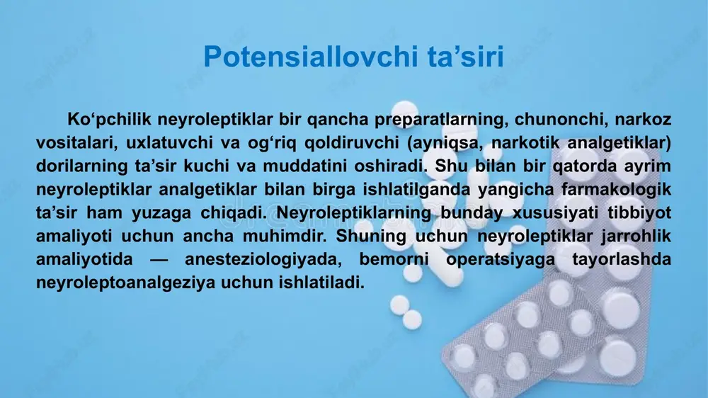 miya beradi. ko‘pincha nevrozda, hayz ko‘rish bilan bog‘liq xavotirlikda qo‘llaniladi. sibazon farmakologik ta’siri xilma-xil bo‘lib, tinchlantiruvchi ta’siri ko‘proq bilinadi. periferik nervlarga (adrenoxolinergik tizimga) kor qiladi. tana mushaklari tonusini bo‘shashtiradi. ko‘pincha shizofreniya, psixasteniya (qo‘rqish, tashvish, vahima holatlari bilan davom etadigan hollarda), nevroz va boshqa holatlarda tavsiya etiladi. bulardan tashqari, paranoid va tutqanoqlarda ham beriladi. miasteniya (mushaklarning bo‘shashib qolishi), glaukoma kasalliklarida berilmaydi. mebikar tinchlantiruvchi ta’sirga ega. uyqu keltiradi, tana mushaklarini bo‘shashtiradi. bezovtalik, qo‘rqish va vahimani kamaytiradi. bu preparat emotsional qo‘zg‘alish, vahima bilan o‘tadigan paranoid holatlarda buyuriladi. homiladorlikning birinchi choragida berilmaydi. xolzepid farmakologik xossalari bo‘yicha meprotan guruhiga yaqin turadi. ta’sirining ayrim tomonlari kuchliroq. psixomotor qo‘zg‘alishni, qo‘rqish, hayajonlanish va boshqa xil emotsional holatlami kamaytiradi. qisman qon bosimini tushiradi, yallig‘la- nishga qarshi ta’siri ham sezilarli. ruhiy kasalliklar (vahima, qo‘rqish va boshqalar), alkogolizm, tutqanoq, uyqusizlikda buyuriladi. shok, glaukoma, allergiya kasalliklarida bu preparatni berish tavsiya etilmaydi. fenazepam farmakologik xossalari bo‘yicha sibazonga o‘xshash. tinchlantiruvchi, uxlatuvchi va titroqqa qarshi …