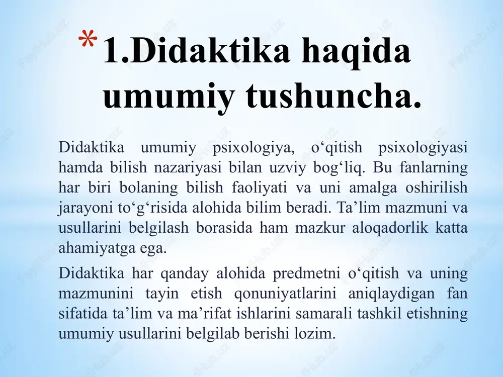 da xotin qizlarning ham tahsil olishini koʻzda tutadi. komenskiyning fikricha, tarbiyaning maqsadi kishini mangulik dunyosiga tayyorlashdan iborat boʻlib, uni aqliy, axloqiy va diniy tarbiya bilan amalga oshirish mumkin. u bolaga samarali pedagogik taʼsir koʻrsatish uchun yosh xususiyatini hisobga olish lozimligini taʼkidlaydi. komenskiy bolalarning oʻqish yoshini ona maktabi (tugʻilgandan 6 yoshgacha), xalq maktabi (6-12 yosh), gimnaziya (12-18 yosh), akademiya (18-24 yosh) kabi bosqichlarga boʻladi. komenskiy pedagogikasi mohiyati oʻqitishni bola yoshi, bilim darajasi, ruhiy holatiga uygʻun holda tashkil etishdan iborat. uning bu karashlari "buyuk didaktika" asarida oʻz ifodasini topgan boʻlib, unda koʻrsatmalilik, onglilik, izchillik kabi didaktik tamoyillar ahamiyati nazariy jihatdan asoslab berilgan. 3.y.a.komenskiy ta’limoti komenskiy har bir bola taʼlim olishi lozimligini uqtiradi, umumtaʼlim deganda xotin qizlarning ham tahsil olishini koʻzda tutadi. komenskiyning fikricha, tarbiyaning maqsadi kishini mangulik dunyosiga tayyorlashdan iborat boʻlib, uni aqliy, axloqiy va diniy tarbiya bilan amalga oshirish mumkin. u bolaga samarali pedagogik taʼsir koʻrsatish uchun yosh xususiyatini hisobga olish …