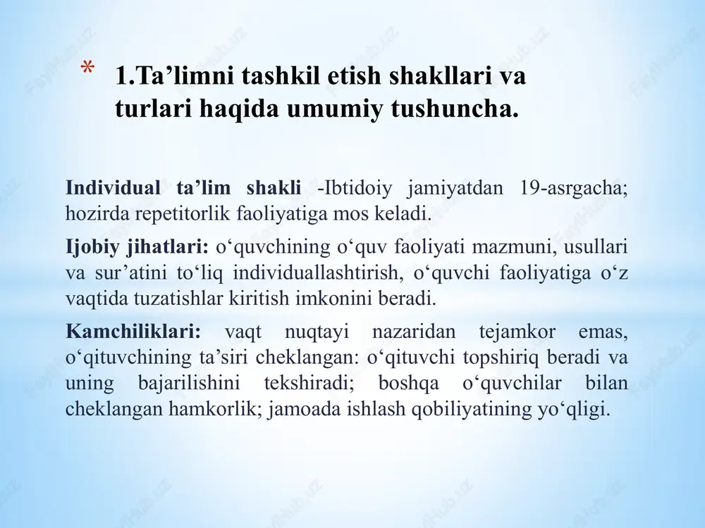 shakli. kunduzgi ta’lim shaklidan o‘quvchilarning mustaqil o‘qishi bilan farq qiladi. «offline ta’lim»ning afzalliklari: bir vaqtda o‘quvchilarning barchasining diqqatini to‘laqonli darsga jalb qila olish imkoniyati mavjud; o‘qituvchi har bir o‘rganuvchi bilan qisqa fursatlarda individual munosabat qila oladi, an’anaviy ta’lim onlayn ta’limga nisbatan samaraliroq va tushunarliroq. barcha turdagi o‘rganuvchilar (ko‘rib, eshitib, bajarib, yozib o‘rganuvchilar) uchun qulay metodika va ta’lim texnologiyalari yaratishingiz mumkin; sarf-xarajat kamroq (kompyuter, gadjetlar, internet aloqasini ta’minlash masalalaridan yiroq); tushunishdagi muammolarni tezgina hal qilish imkoniyati mavjud. ta’limning mavjudlilik shakli online ta’lim. masofaviy ta’lim – bu o‘qituvchi va o‘quvchi yoki o‘quvchining jismonan turli joylarda bo‘lgan masofaviy o‘qitish va o‘qish usuli. kompyuter texnologiyasi hamda internet rivoji ta’limda mutlaqo yangi tushuncha «online» ta’lim, boshqa so‘z bilan aytganda, masofaviy ta’lim tushunchasini olib keldi. garchi ilk onlayn ta’limning boshlanishi 1982-yillarga to‘g‘ri kelsa-da, umumiy konsepsiya bundan 170 yillar ilgari ishlab chiqilgan. “online ta’lim”ning afzalliklari: masofaviy ta’lim orqali o‘quvchilarga darslarni tushuntirishning qator samarali va zamonaviy usullari mavjud. …