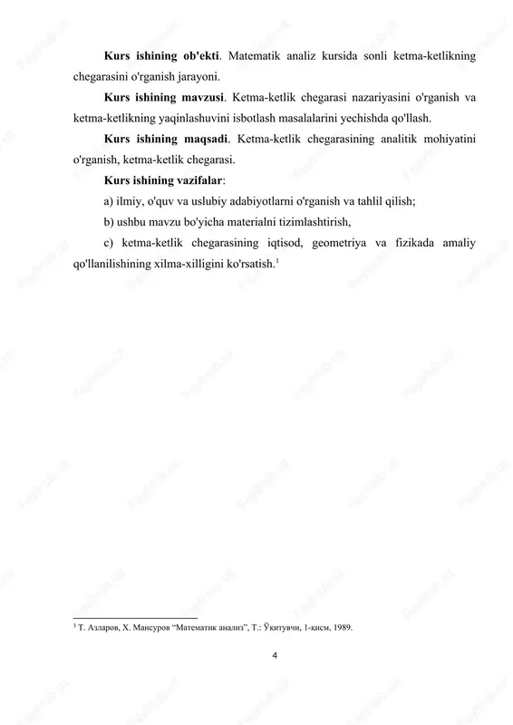 angan bo’lsa, oraliqqa tegishli bo’ladi. misollar: 1) 1, 2, 3, ..., , ... sonlar ketma-ketligi quyidan chegaralangan, lekin yuqoridan chegaralangan; 2) -1, -2, -3, ..., -, ... sonlar ketma-ketligi yuqoridan chegaralangan; 3) 1, sonlar ketma-ketligi chegaralangan, chunki uning hamma elementlari uchun tengsizlik bajariladi, bunda bo’ladi; 4) -1, 2, -3, 4, -5, ..., ,... sonlar ketma-ketligi chegaralanmagan, chunki qanday a son olmaylikki, bu ketma-ketlik ichida tengsizlikni qanoatlantiruvchi elementlari mavjud bo’ladi. 1.2 cheksiz katta va cheksiz kichik ketma-ketliklar hamda ularning xossalari. 1-ta’rif. sonlar ketma-ketligi istalgan son uchun, shunday raqam mavjud bo’lib, hamma lar uchun tengsizlik bajarilsa, sonlar ketma-ketligi cheksiz katta ketma-ketlik deyiladi. cheksiz katta ketma-ketlik chegaralanmagan bo’ladi. 2-ta’rif. istalgan son uchun shunday raqam mavjud bo’lib, lar uchun tengsizlik bajarilsa ketma-ketlik cheksiz kichik sonlar ketma-ketligi deyiladi.[footnoteref:1] [1: t. azlarov, x. mansurov “matematik analiz”, t.: o'qituvchi, 1-qism, 1989.] misollar: 1) natural sonlar ketma-ketligi cheksiz katta ketma-ketlikdir; 2) sonlar ketma-ketligi cheksiz kichikdir, haqiqatan ham, istalgan …