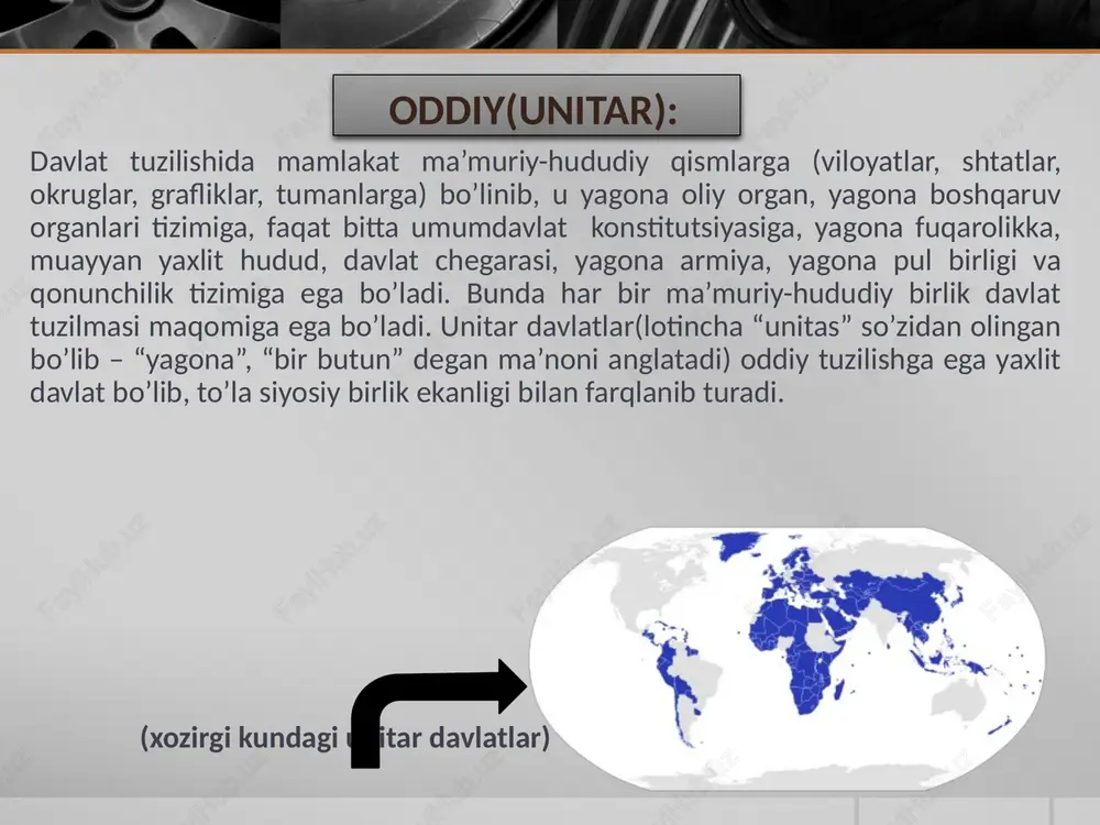 ning shayxlaridan iborat oliy kengash hisoblanadi. noan’anviy monarxiya: respublika: respublika (lotincha respublisa - xalq ishi) - davlat hokimiyati aholi muayyan muddatga saylab qo’yadigan organlar tomonidan amalga oshiriladigan boshqaruv shaklidir. respublika ham monarxiya singari muayyan tarixiy xususiyatga ega. boshqaruv respublika shaklining bir qancha turlari mavjudligi tarixdan ma’lum. ular quldorlik sharoitlaridayoq namoyon bo’la boshlagan edi. demokratik respublika afina davlatida (eramizgacha v-iv asrlar) mavjud bo’lgan. buni jamiyatning ijtimoiy tarkibi, quldorlikning shu yerga xos xususiyati, ya’ni ozod afinaliklarni qulga aylantirishning istisno etilganligi, quldor jamoalar bo’lganligi, davlat boshqaruvining samarali tizimi mavjudligi bilan izohlash mumkin edi. sparta (eramizgacha v-iv asrlar) va rim davlati (eramizgacha v-ii asrlar) aristokratik respublikalar hisoblanadi. davlat sifatida ular ko’proq aholining aristokratik qismi manfaatlarini ifodalardi. kapitalizm davri parlamentar respublikasi hamda prezidentlik respublikalarni vujudga keltirdi. parlamentar respublika: parlamentar respublikalarning boshqalardan farq qiluvchi xususiyati hokimiyat pog’onalarida kelishmovchiliklarning bo’lmasligidir. zero, ijroiya hokimiyati boshlig’i (bosh vazir) va uning mahkamasi parlament, to’g’rirogi, parlament a’zolarining ko’pchiligi tomonidan tayinlanadi va …