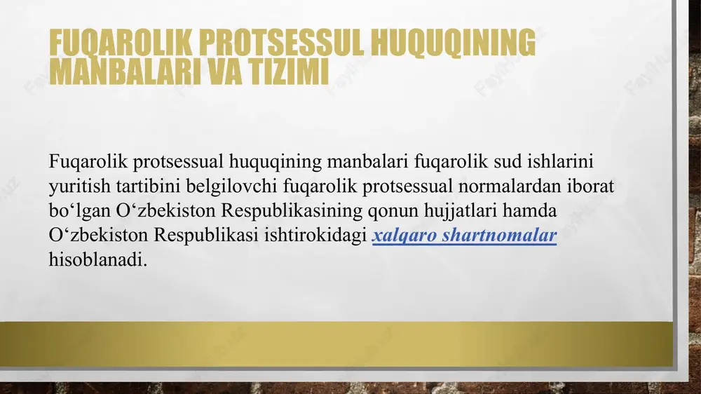 ‘g‘risida hal qiluv qarori chiqarish vaqtida sud tomonidan hal etiladigan masalalar, 45-moddasida sudning nikohdan ajratish haqida hal qiluv qarorini chiqarishida davlat boji miqdorini belgilash, 62-moddasida otalikning sud tartibida belgilanishi masalalari bayon etilgan. fuqarolik protsessual huquqining konstitutsiyaviy huquq bilan o‘zaro aloqadoriigi quyidagi ikki jihatda namoyon bo‘ladi: • har ikki huquq manbalarining umumiyligi. masalan, 0 ‘zbekiston respublikasi konstitutsiyasi konstitutsiyaviy huquqning asosiy manbai hisoblanadi. shu o ‘rinda konstitutsiyada odil sudlovning eng muhim prinsiplari ham o‘z ifodasini topgan; • konstitutsiyaviy huquqning ayrim kichik tarmoqlar bilan o‘zaro bog‘liqligi. bu yerda gap sudlarning tuzilishi va prokuror nazorati haqida bormoqda. sudlarning tuzilishi bilan fuqarolik protsessual huquqining ayrim prinsiplari o'rtasida umumiylik mavjud (xususan, sudyalarning mustaqilligi va ularning faqat qonunga bo'ysunishi, odil sudlovning faqat sudlar tom onidan amalga oshirilishi va h.k.). fuqarolik sud ishlarini yuritishning turlari mamlakatimiz fuqarolik protsessual qonunchiligi fuqarolik sud ishlarini yuritishning bir qator turlarini nazarda tutadi. bular buyruq tartibidagi ishlar; da'vo tartibidagi ishlar; organlar va mansabdor …