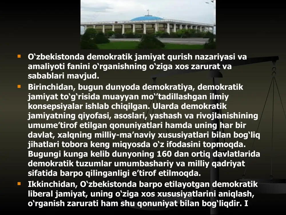 saylov yakunlarini aniqlash usuli qonun asosiga quriladi, fikrlar erkinligi, ko'ppartiyaviylik, o'z-o'zini boshqarish amalga oshadi. hokimiyatning fuqarolar boshqaruviga o'sib o'tish jarayonida iqtisodiy va ma'naviy-ma'rifiy islohatlarni amalga oshuvi demokratik jamiyatga o‘tish image1.png image2.png image3.png image4.jpeg image5.jpeg image6.jpeg image7.jpeg image8.jpeg image9.jpeg image10.jpeg image11.png /docprops/thumbnail.jpeg