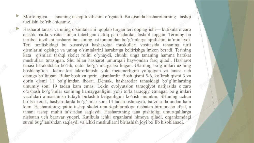 r so’riladi va hazm bo’lmagan oziqa qoldiqlari orqa ichakka suriladi. hasharotning qoni yoki gemolimfa yagona suyuq to’qima bo’lib, plazma va qon tanachalari – gomotsidlardan tashkil topadi. qon aylanish tizimi o’ziga xos holatda bo’lib, umurtqali hayvonlarnikidan jiddiy ravishda farq qiladi. u yopiq emas, qon tana bo’shlig’ini va a’zolar oralig’ini to’ldiradi, ularni yuvib turadi. qonning bir qismigina maxsus qon aylanish a’zosi – orqa naychada aylanadi. orqa naycha keyingi bo’lim – yurak va oldingi bo’lim aortaga bo’linadi. orqa naycha pulslanadigan (kengayib-torayib turadigan) bir qator kameralardan, oldingi bo’lim esa oddiy naychaga o’xshash aortadan iboratdir. hasharot organizmidagi qon yurak kameralarining kengayib-qisqarishi va diafragmaning ishlashi tufayli aylanib turadi. pulsatsiya natijasida qon orqa naycha bo’yicha orqa tomondan oldinga qarab harakatlanadi. kamera kengayganda (diastola) qon ostiya orqali unga kiradi, qisqarganda (sistola) esa, ro’y bergan qon bosimi tufayli oldingi klapanlar ochilib, keyingilari bekiladi va qon oldinga haydaladi. qonning aylanishi orqa naycha orqali oldinga qarab, tana bo’shlig’ida esa orqaga qarab …