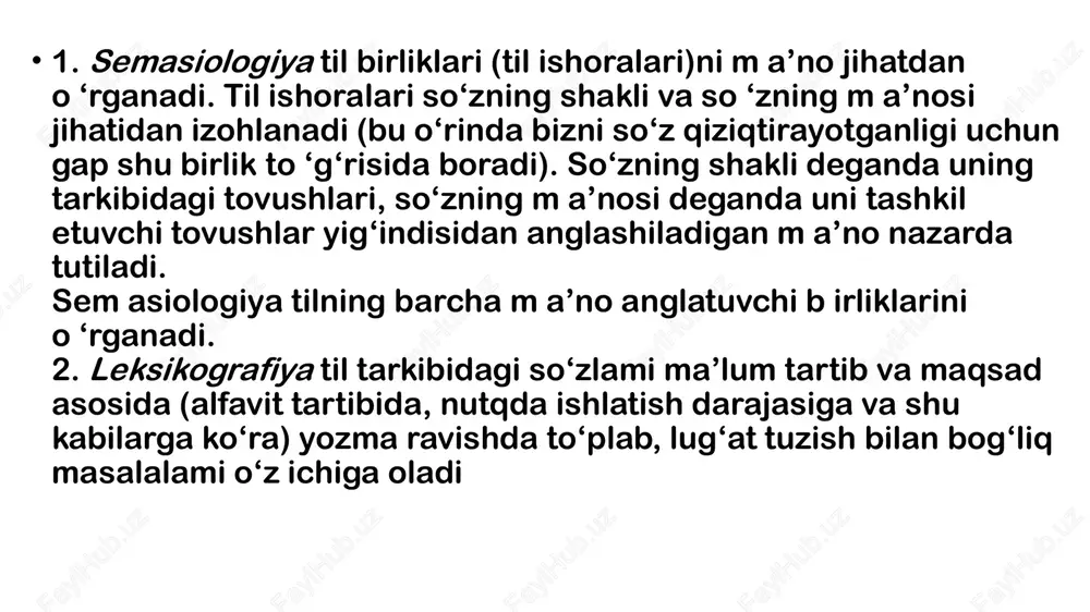 orscha “dāstān” (hikoya, qissa). etimologiya orqali tilning tarixiy qatlamlari, o‘zlashma so‘zlar, milliy va xalqaro leksika o‘rganiladi. etimologik tadqiqotlar tilning madaniy, tarixiy va ijtimoiy taraqqiyotini ochib beradi. 6. leksikologiya va boshqa fanlar aloqasi leksikologiya – fonetika, morfologiya, sintaksis bilan uzviy bog‘liq. semasiologiya – so‘z ma’nolarini o‘rganadi. frazeologiya – barqaror so‘z birikmalarini o‘rganadi. onomastika – atoqli otlar tizimi. terminologiya – ilmiy va texnik atamalar tizimi. etimologiya – lug‘at tarkibining tarixiy ildizlarini ochib beradi. xulosa so‘z – tilning asosiy birligi bo‘lib, uning asosiy tadqiqot sohasi leksikologiya hisoblanadi. so‘zlarning leksik ma’nolari, ko‘pma’nolilik, sinonimiya, etimologiya masalalari tilning lug‘at boyligini, tarixiy taraqqiyoti va madaniy aloqalarini ochib beradi. shuning uchun leksikologiya tilshunoslikning markaziy bo‘limlaridan biridir. leksikologiya fanining asosiy tadqiqot obyekti nima? so‘z til tizimida qanday birlik sifatida qaraladi? so‘zning leksik ma’nosi deganda nima tushuniladi? leksik ma’no bilan grammatik ma’no o‘rtasidagi farq nimada? etimologiya nimani o‘rganadi? “so‘zning ko‘p ma’noliligi” deganda nima tushunasiz? ko‘chma ma’no qanday hosil bo‘ladi? leksikologiyaning …