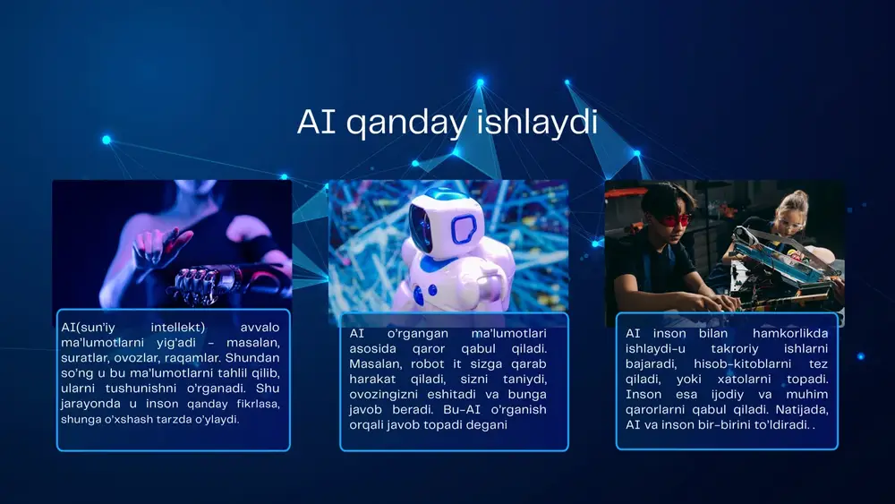 ellekt hamkorligiga asoslangan davlatdir. foydalanilgan adabiyotlar russell, s., & norvig, p. (2021). artificial intelligence: a modern approach. pearson education. bostrom, n (2014). superintelligence: paths, dangers, strategies. oxford university press. abdusalomov, a.a sun’iy intellekt asoslari.-toshkent: tatu nashriyoti, 2019 xolmurodov, b. x. sun’iy intellekt tizimlari va ularning qo’llanishi. – toshkent, 2021 e’tiboringiz uchun rahmat media1.m4a image1.jpeg image2.png image3.png image4.jpeg image5.jpeg image6.jpeg image7.jpeg image8.jpeg image9.jpeg image10.png image11.png image20.svg image12.jpeg image13.png image14.svg image15.png image16.svg image17.png image18.svg image19.png image21.jpeg image22.png image23.png image24.png image25.svg image26.jpeg image27.jpeg image28.png image29.svg image30.png image31.svg image32.png image33.svg image34.jpeg image35.jpeg image36.jpeg image37.jpeg image38.jpeg image39.png image40.svg image41.jpeg image42.png image43.png /docprops/thumbnail.jpeg