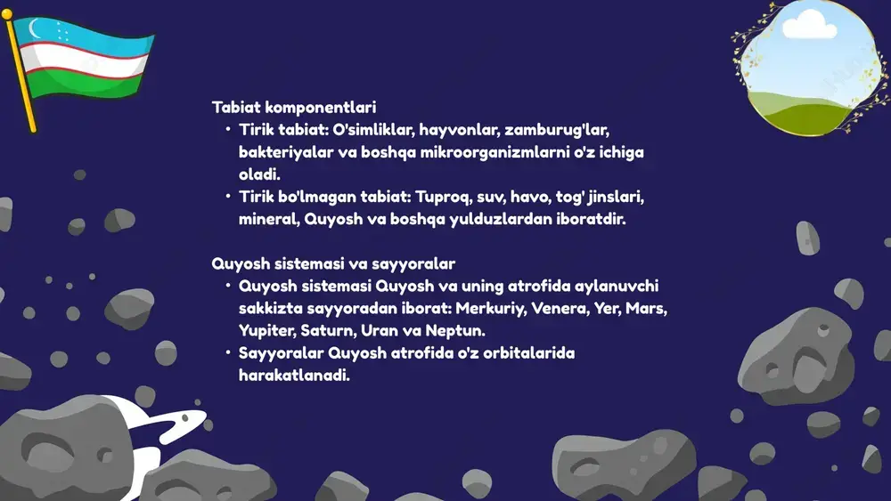 , hayvonlar va inson faoliyatiga bevosita ta’sir qiladi. tabiat harakat natijalari tabiat – inson ta’siridan tashqari mavjud bo‘lgan, tirik va tirik bo‘lmagan borliqlar majmuasi bo‘lib, uning harakatlari hayot va iqlim tizimiga bevosita ta’sir qiladi. tabiatning asosiy komponentlari – tirik organizmlar va noorganik muhit – bir-biri bilan uzviy bog‘langan va ekologik muvozanatni saqlaydi. quyosh tizimi va sayyoralar harakati tabiat hodisalarini belgilaydi. yer o‘z o‘qi atrofida aylanishi kun va tun almashinishiga, quyosh atrofida aylanishi esa fasllar almashinishiga sabab bo‘ladi. shu bilan birga, shamol, suv oqimi, iqlim o‘zgarishi kabi jarayonlar ham tabiatning muvozanatli rivojlanishini ta’minlaydi. tabiatni asrash va uning jarayonlarini tushunish insoniyat uchun muhimdir, chunki hayotimiz va kelajak avlodlarimiz tabiiy resurslarga bog‘liq. xulosa abdullayev a. – umumiy geografiya asoslari, toshkent: o‘qituvchi, 2018. britannica online encyclopedia, “solar system”. nasa official website – solar system facts, 2024. o‘zbekiston milliy ensiklopediyasi, “yer va quyosh tizimi”. adabiyotlar ro’yxati: studio shodwe e’tiboringiz uchun rahmat! image1.png image2.png image3.svg image4.png …