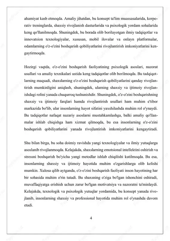 ini boshqarish qobiliyati ularning o‘yinlarda, ish joylarida va kundalik hayotda muvaffaqiyatga erishishiga ta’sir qiluvchi muhim omil sifatida ko‘rsatiladi. shuningdek, edward deci va richard ryan tomonidan ishlab chiqilgan self-determination nazariyasiga ko‘ra, insonlar o‘z-o‘zini boshqarish orqali o‘z motivatsiyasini mustahkamlash va shaxsiy maqsadlariga erishishga intiladi. o‘z-o‘zini boshqarish faoliyatining rivojlanishi psixologik metodlar va texnikalar yordamida amalga oshiriladi. bu texnikalar orasida vaqtni samarali taqsimlash, stressni boshqarish texnikalari, motivatsiyani oshirish usullari va muammolarni hal qilishda o‘zini tahlil qilish muhim o‘rin tutadi. misol uchun, smart maqsadlarini belgilash (aniq, o‘lchashli, amalga oshiriladigan, muhim va vaqt bilan chegaralangan) insonlarning o‘z-o‘zini boshqarish qobiliyatini rivojlantirishda keng qo‘llaniladi. shuningdek, o‘z-o‘zini baholash metodlari, masalan, kundalik yozuvlar yoki refleksiya amaliyotlari, insonlarning o‘z holatini tahlil qilishga va muvofiqlashtirishga yordam beradi. o‘z-o‘zini boshqarish faoliyatining muvaffaqiyatli bo‘lishi uchun insonlarning motivatsiyasi juda muhimdir. motivatsiya, odatda, ichki va tashqi omillarga bog‘liq bo‘lib, shaxsning maqsadga intilishi va uni amalga oshirishdagi qat’iyatini oshiradi. ichki motivatsiya insonning o‘z maqsadlariga erishish istagi, shaxsiy …