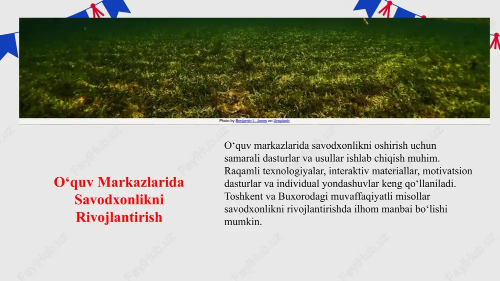 a. savodxonlikni oshirishda jamoat va jismoniy shaxslarning roli. o‘quv-uslubiy majmua, 2019. 3. qodirov, s. raqamli texnologiyalar va ta’limda innovatsiyalar. toshkent: texnologiya va ta’lim nashriyoti, 2021. 4. yusupov, b. yoshlar uchun ta’lim dasturlarining rivojlanishi. o‘zbekiston pedagogik jurnali, 2022. 5. abdullayeva, m. o‘quv markazlarining jamiyatdagi roli va rivojlanishi. ta’lim nazariyasi va amaliyoti, 2018. e'tiboringiz uchun rahmat! image5.png image6.png image7.png image16.png image17.png image22.jpg image12.png image13.png image23.jpg image24.jpg image9.png image10.png image11.png image19.png image20.png image25.jpg image26.jpg image18.png image27.jpg image21.png