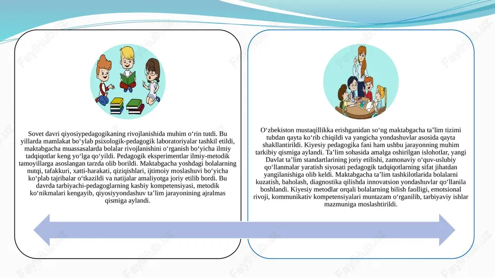 n bir qatorda o‘yinli metodlar, kuzatuv varaqalari, portfoliolar, loyiha faoliyatidagi ishtirokini tahlil qilish kabi usullar qo‘llanmoqda. bu usullar orqali pedagoglar bola shaxsining individual xususiyatlarini yanada chuqurroq tushunib, ta’lim-tarbiya jarayonini shaxsga yo‘naltirilgan tarzda tashkil etish imkoniyatiga ega bo‘lmoqda. maktabgacha ta’lim tashkilotlarida qiyosiymetodlar asosida tajriba-sinov mashg‘ulotlarining ko‘payishi pedagoglar ijodkorligining oshishiga, dars jarayoniga yangilik olib kirilishiga sabab bo‘lmoqda. misol uchun, tabiat hodisalarini o‘rganish jarayonida bolalarga suvning bug‘lanishi, muzning erishi, o‘simliklarning o‘sishi kabi jarayonlarni o‘z ko‘zi bilan ko‘rish va tajriba orqali anglash imkoniyati yaratilmoqda. bunday faoliyatlar nafaqat bolalarning bilish jarayonini faollashtiradi, balki ularning kuzatuvchanlik, tahliliy fikrlash, savol berish qobiliyati ham rivojlanadi. har bir tajriba bolalarning qarash doirasini kengaytirib, ularni real hayot hodisalarini o‘zlashtirishga yaqinlashtiradi. yana bir muhim jihat shuki, qiyosiypedagogika fanining taraqqiyoti maktabgacha ta’limda inkluziv ta’lim tizimining rivojlanishiga ham zamin yaratdi. maxsus ehtiyojga ega bo‘lgan bolalar bilan ishlashda individual diagnostik yondashuv, maxsus eksperimental metodlar, psixologik kuzatuvlar va reabilitatsion dasturlar asosida olib boriladigan pedagogik ishlar …