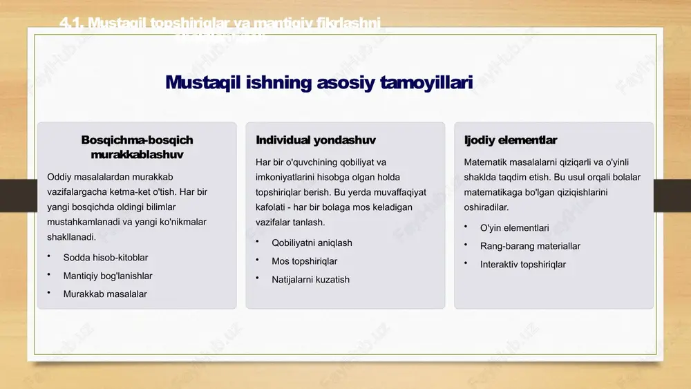 mantiqiy fikrlashni shakllantirish matematika darslari o'quvchilarning mantiqiy fikrlash qobiliyatlarini rivojlantirish uchun eng samarali vositadir. matematik tushunchalar bolalarning ongida aniq va ketma-ket shakllanishi zarur. mantiqiy fikrlash - bu ma'lumotlarni to'g'ri tartiblab, sabab-oqibat bog'lanishlarini aniqlab, to'g'ri xulosalar chiqarish qobiliyatidir. bu ko'nikma matematikada va hayotning boshqa sohalarida muhim ahamiyatga ega. 4.3.matematika darslarida mantiqiy fikrlashni shakllantirish 13 mantiqiy fikrlashning asosiy komponentlari tahlil qilish murakkab masalani sodda qismlarga ajratish va har birini alohida ko'rib chiqish qobiliyati sintez qilish alohida qismlarni birlashtirib, butun rasmni yaratish va umumiy xulosaga kelish taqqoslash turli ob'ektlar, hodisalar va g'oyalarni solishtirish hamda o'xshash va farqli tomonlarini topish tasniflash ma'lum belgilar asosida ob'ektlarni guruhlarga ajratish va tartibga solish ko'nikmasi mulohaza yuritish berilgan ma'lumotlar asosida mantiqiy xulosalar chiqarish va isbotlash qobiliyati 4.3.matematika darslarida mantiqiy fikrlashni shakllantirish 14 matematik tushunchalarni o'rgatishda mantiqiy ketma-ketlik 1 umumlashtirish 2 qo'llash 3 tushunish 4 eslab qolish har bir yangi matematik tushuncha to'rtta asosiy bosqichda o'rgatilishi kerak. birinchi navbatda …