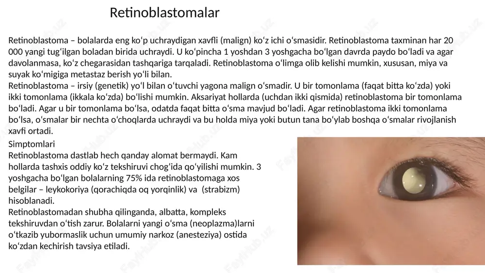 da olib tashlash bilan radikal operatsiyani bajarish tavsiya etiladi. bir tomonlama nefroblastoma uchun o'sma nefroureterektomiyasi amalga oshiriladi. bu o'rta chiziqli laparotomiya orqali amalga oshiriladi. boshqa har qanday usulni tanlash jiddiy xatodir, chunki faqat o'rta chiziqli laparotomiya qorin bo'shlig'ini tekshirish, o'simta nefroureterektomiyasi va metastatik limfa tugunlarini olib tashlash uchun etarli joy beradi. qo'shni organlarni (diafragma, jigar) egallagan katta o'smalar uchun torakofrenikolaparotomiya kerak. o'simta blokda olib tashlanadi. operatsiya paytida o'sma yorilishining oldini olishga va buyrak tomirlarini tezda bog'lashni ta'minlashga alohida e'tibor berilishi kerak. siydik chiqarish kanalini bog'lash va kesish uni iloji boricha distalga safarbar qilgandan keyin amalga oshirilishi kerak. diagnostika boshqa barcha xavfli o'smalarda bo'lgani kabi, nefroblastoma tashxisi morfologik tekshiruvga asoslanadi. biroq, nefroblastoma uchun kimyoviy terapiyadan oldin biopsiya o'tkazish qoidasidan istisnoga ruxsat beriladi. biopsiya paytida psevdokapsula buziladi va uning ichida joylashgan shilimshiq o'simta qoldiqlari qorin bo'shlig'i bo'ylab yoki igna yo'li bo'ylab tarqaladi. bu o'smaning tarqalishini oshiradi, kasallikning klinik bosqichini o'zgartiradi (avtomatik ravishda …