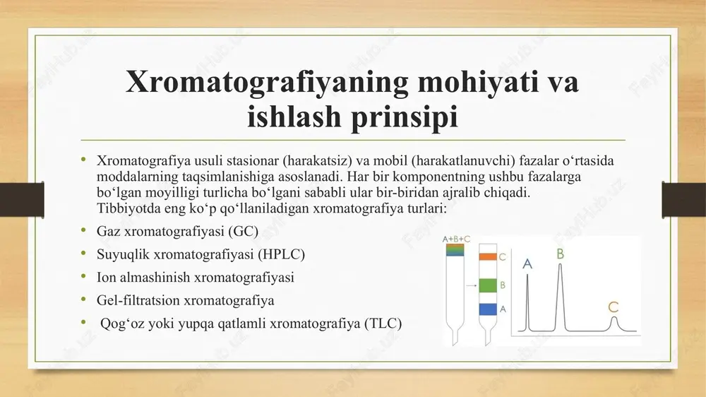 lovini talab qilmaydi yoki juda minimal talab qiladi. bundan tashqari, xromatografik usullar avtomatlashtirilgan bo‘lib, inson xatolarini kamaytiradi va laboratoriya jarayonlarini tezlashtiradi. shu sababdan u zamonaviy tibbiyotning asosiy analitik metodi hisoblanadi. xromatografiyaning cheklovlari xromatografiyaning ko‘plab afzalliklariga qaramay, ayrim cheklovlari ham mavjud. masalan, zamonaviy hplc yoki gc-ms uskunalari juda qimmat va texnik xizmat ko‘rsatishni talab qiladi. ba’zida tahlil jarayoni uzoq davom etishi yoki namunani tayyorlash murakkab bo‘lishi mumkin. har bir xromatografiya turi uchun optimal fazalar, kolonkalar va ish rejimlarini tanlash maxsus bilimni talab qiladi. bundan tashqari, ayrim biologik suyuqliklar tahlil oldidan tozalashdan o‘tishi kerak bo‘ladi. shunga qaramay, texnologik taraqqiyot xromatografiyaning cheklovlarini borgan sari kamaytirib, uni yanada samarali qilmoqda. zamonaviy innovatsiyalar va rivojlanish tendensiyalari so‘nggi yillarda xromatografiya sohasida ko‘plab innovatsiyalar paydo bo‘ldi. ultra-yuqori samarali suyuqlik xromatografiyasi (uhplc) tahlil vaqtini bir necha barobar qisqartirdi va aniqlikni oshirdi. miniatyura qilingan xromatografik analizatorlar esa portativ shaklda ishlab chiqilib, joyida tezkor tahlil qilish imkonini bermoqda. bioxromatografiya usullari …