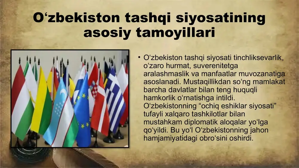 hnat huquqlari, bolalar mehnatini tugatish va ijtimoiy himoya tizimini rivojlantirishda muhimdir. o‘zbekiston bu tashkilot ko‘magida mehnat sohasida islohotlarni amalga oshirib, xalqaro standartlarga mos mehnat qonunchiligini yaratdi. o‘zbekiston va jahon sog‘liqni saqlash tashkiloti (jsst jsst bilan hamkorlik sog‘liqni saqlash tizimini isloh qilish, yuqumli kasalliklarning oldini olish va sog‘lom turmush tarzini targ‘ib etishga qaratilgan. pandemiya davrida jsst o‘zbekiston bilan yaqindan ishlash orqali sog‘liqni saqlash tizimiga texnik yordam ko‘rsatdi. o‘zbekiston va bmtning barqaror rivojlanish maqsadlari o‘zbekiston bmtning “2030-yilgacha barqaror rivojlanish” dasturini qo‘llab-quvvatlaydi. mamlakatda kambag‘allikni kamaytirish, gender tengligini ta’minlash, sifatli ta’lim va ekologik muvozanatni saqlash bo‘yicha milliy dasturlar amalga oshirilmoqda. xalqaro hamkorlik natijalari o‘zbekiston xalqaro tashkilotlar bilan hamkorlik orqali iqtisodiy o‘sish, sarmoya oqimini oshirish, ijtimoiy sohalarni rivojlantirish va xalqaro nufuzni mustahkamlashga erishdi. bunday hamkorlik mamlakat taraqqiyot strategiyasining ajralmas qismiga aylandi xulosa o‘zbekistonning xalqaro tashkilotlar bilan aloqalari milliy manfaatlarni himoya qilish, xalq farovonligini oshirish va mintaqaviy barqarorlikni ta’minlashga qaratilgan. bugun mamlakat jahon hamjamiyatining faol, ishonchli …