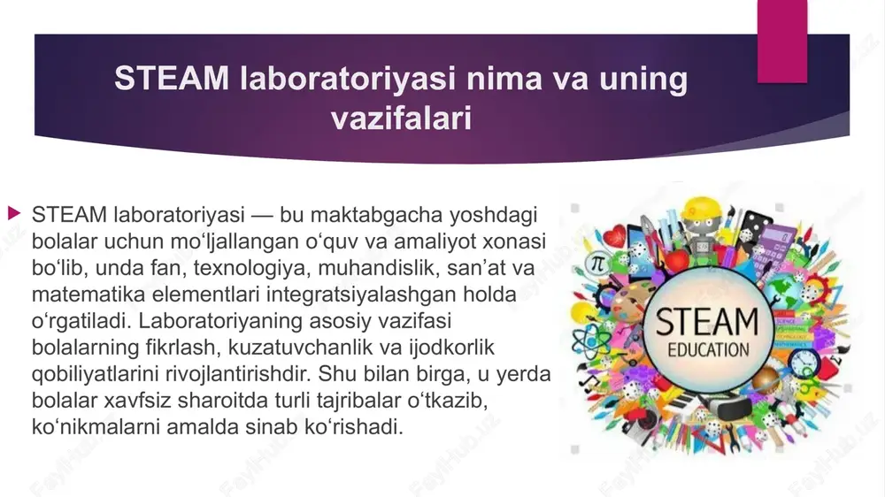 i oshiradi. steam laboratoriyasida baholash tizimi baholash tizimi bolalarning steam faoliyatidagi muvaffaqiyatlarini o‘lchashga qaratilgan. baholash nafaqat bilimlarni, balki ko‘nikmalarni, ijodiy yondashuv va hamkorlik ko‘rsatkichlarini o‘z ichiga olishi lozim. o‘qituvchilar kuzatuv, portfel, ijodiy ishlanmalar va guruh faoliyatiga asoslangan baholash usullarini qo‘llaydi. steam laboratoriyasining pedagogik samaradorligi steam laboratoriyasi bolalarda mustaqil fikrlash, ijodkorlik, muammolarni hal qilish qobiliyatlarini rivojlantirishga xizmat qiladi. maktabgacha ta’limda bu usul bolalarni keyingi ta’lim bosqichlariga tayyorlaydi va ularning fanlarga qiziqishini oshiradi. pedagogik tajribalar ko‘rsatadiki, steam laboratoriyalarida faoliyat ko‘rsatgan bolalar analitik fikrlashda yaxshiroq natijalar beradi steam laboratoriyasining rivojlanish istiqbollari kelajakda steam laboratoriyalarini yanada zamonaviylashtirish, virtual va kengaytirilgan reallik texnologiyalarini joriy etish rejalashtirilmoqda. shuningdek, laboratoriyalarni tarmoq shaklida tashkil etib, tajriba almashish va innovatsiyalarni joriy qilish ko‘zda tutiladi. bu bolalarning ta’lim sifati va qiziqishini oshiradi. steam ta’limining milliy va xalqaro tajribalari dunyoning ko‘plab davlatlarida maktabgacha ta’limda steam yondashuvi muvaffaqiyatli qo‘llanmoqda. milliy dasturlar ushbu tizimni rivojlantirishga qaratilgan. o‘zbekiston ham steam ta’limini joriy qilish bo‘yicha …