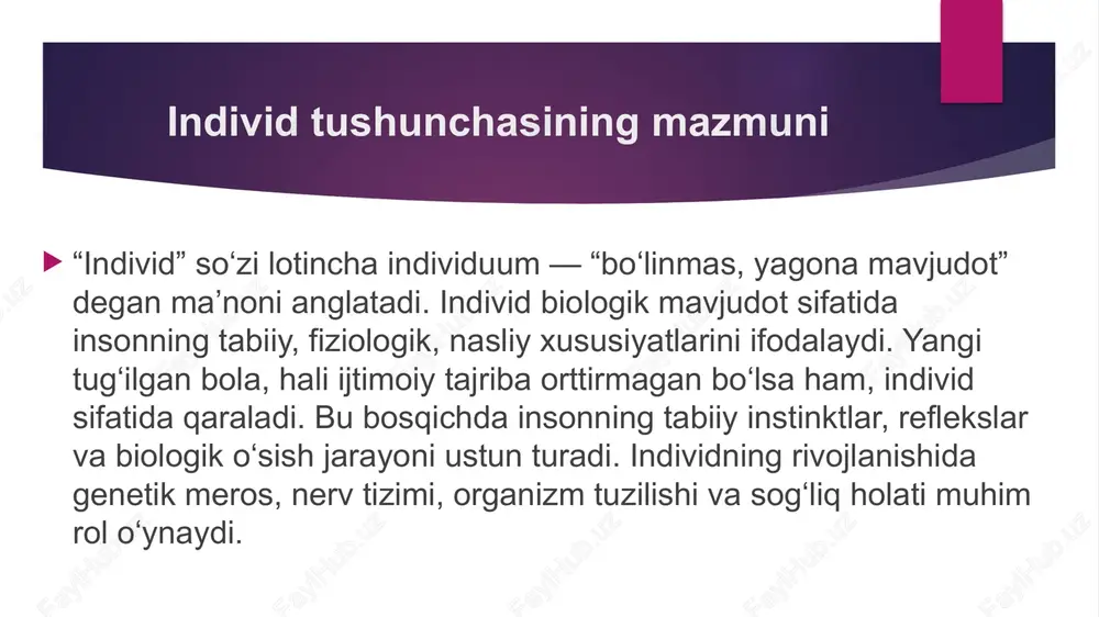 tlarini egallashiga yordam beradi. shaxs va jamiyat munosabati shaxs jamiyatning bir qismi bo‘lib, u jamiyatda yashaydi, mehnat qiladi va madaniyatni rivojlantiradi. shu bilan birga, jamiyat ham shaxsni shakllantiradi. bu o‘zaro aloqadorlik ikki tomonlama jarayon bo‘lib, shaxsning ijtimoiy faolligi jamiyat taraqqiyotiga bevosita ta’sir qiladi. har bir shaxsning ma’naviy, intellektual va kasbiy rivojlanishi jamiyat taraqqiyotining mezonidir. individuallikni rivojlantirish yo‘llari individuallikni rivojlantirish uchun har bir insonga o‘z fikrini erkin ifoda etish, mustaqil qaror qabul qilish imkoniyati berilishi kerak. ta’lim jarayonida loyiha, ijodiy topshiriqlar va tajribalar orqali o‘quvchilarning o‘ziga xos qobiliyatlari namoyon bo‘ladi. o‘qituvchi o‘quvchilarning qiziqishlari va ehtiyojlarini inobatga olib, ularni rag‘batlantirishi zarur. shu tariqa, individuallik ijtimoiy foydali faoliyat orqali mustahkamlanadi. shaxsni tarbiyalashda pedagogik yondashuv pedagogika fanida shaxsni tarbiyalash — bu insonning ma’naviy, axloqiy, estetik va intellektual sifatlarini shakllantirish jarayonidir. o‘qituvchi o‘quvchi shaxsini markazga qo‘ygan holda, har birining individualligini hisobga olishi kerak. tarbiyaviy jarayonning muvaffaqiyati shaxsning qobiliyatlarini to‘liq ochish, unga ijobiy motivatsiya berish bilan …