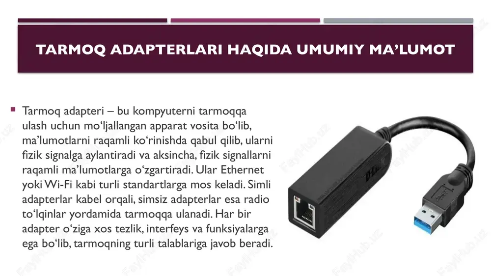 faqat kerakli portga yo‘naltiradi. konsentratorning amaliy qo‘llanilishi konsentratorlar kichik tarmoqlarda yoki test maqsadlarida qo‘llaniladi. ularning sodda tuzilishi va arzonligi ko‘plab o‘quv muassasalarida va uy tarmoqlarida foydalanishga imkon beradi. konsentratorning amaliy qo‘llanilishi konsentratorlar kichik tarmoqlarda yoki test maqsadlarida qo‘llaniladi. ularning sodda tuzilishi va arzonligi ko‘plab o‘quv muassasalarida va uy tarmoqlarida foydalanishga imkon beradi. tarmoq qurilmalarining ahamiyati har bir tarmoq qurilmasi o‘zining maxsus vazifasini bajarib, tarmoqning barqaror va samarali ishlashini ta’minlaydi. ularning integratsiyalangan ishlashi tarmoqni kengaytirish va boshqarishda muhim ahamiyatga ega. qurilmalarni tanlash mezonlari qurilmalarni tanlashda tarmoq hajmi, tezlik talablari, xavfsizlik va byudjet kabi omillar hisobga olinadi. to‘g‘ri tanlangan qurilmalar tarmoq samaradorligini oshiradi va uzluksiz ishlashini ta’minlaydi. zamonaviy tarmoqlarda qurilmalar ko‘plab eski qurilmalar o‘rnini kommutatorlar va marshrutizatorlar egalladi, ammo takrorlagichlar va ko‘priklar hali ham keng qo‘llaniladi. zamonaviy tarmoqlarda ular murakkab infratuzilmaning bir qismi hisoblanadi xulosa tarmoq qurilmalari zamonaviy kommunikatsiya infratuzilmasining poydevori hisoblanadi. ular tarmoqni barqaror, tez va xavfsiz ishlashiga xizmat qiladi. mutaxassislar …