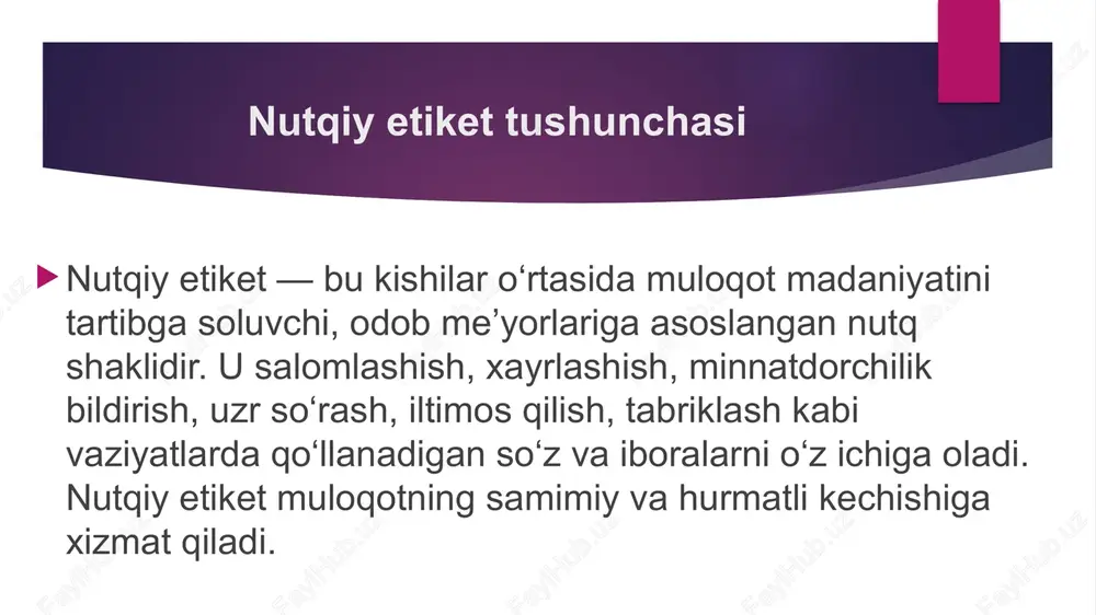: nutqiy etiket xalqimizning asrlar davomida shakllangan odob-axloq me’yorlariga asoslanadi. “assalomu alaykum”, “marhamat”, “rahmat” kabi so‘zlar o‘zbek xalqining mehmondo‘stlik va ehtirom an’analarini ifodalaydi. 9-savol: nutqiy etiket so‘zlarni noto‘g‘ri yoki o‘rinsiz ishlatishning oqibati qanday bo‘lishi mumkin? javob: bunday holatlar muloqotda tushunmovchilik, noqulaylik va hurmatsizlikka olib keladi. shu sababli har bir etiket so‘z o‘rinli va to‘g‘ri vaziyatda qo‘llanishi kerak. 10-savol: nutqiy etiket so‘zlarni o‘rgatishning tarbiyaviy ahamiyati nimada? javob: u o‘quvchilarda insoniylik, odob, hurmat, mehr-oqibat, samimiyat va jamiyatda madaniyatli inson sifatida yashash ko‘nikmalarini shakllantiradi. image1.jpeg /docprops/thumbnail.jpeg